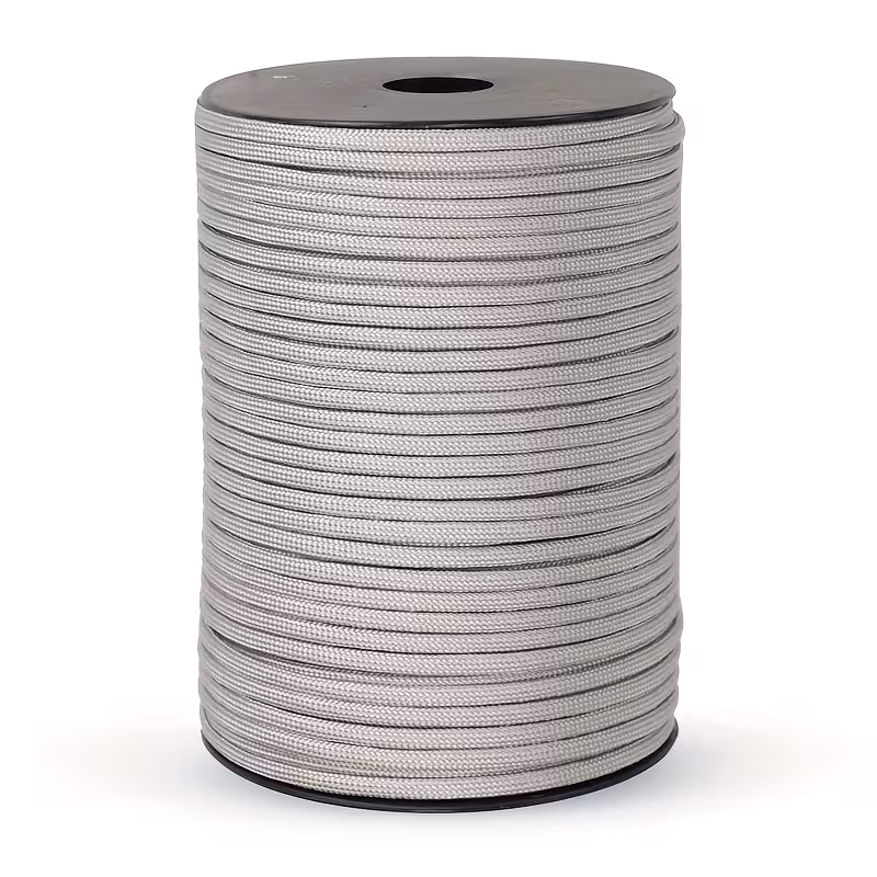 The Ultimate 164ft Roll of 9-Strand Rope 4mm: Heavy-Duty Utility Cord for Tents & Tarps 7 A professional product photograph of a substantial bulk roll of multi-purpose, grey color roll of 9-strand rope (4mm), neatly wound on a durable black plastic spool and set against a plain white background.