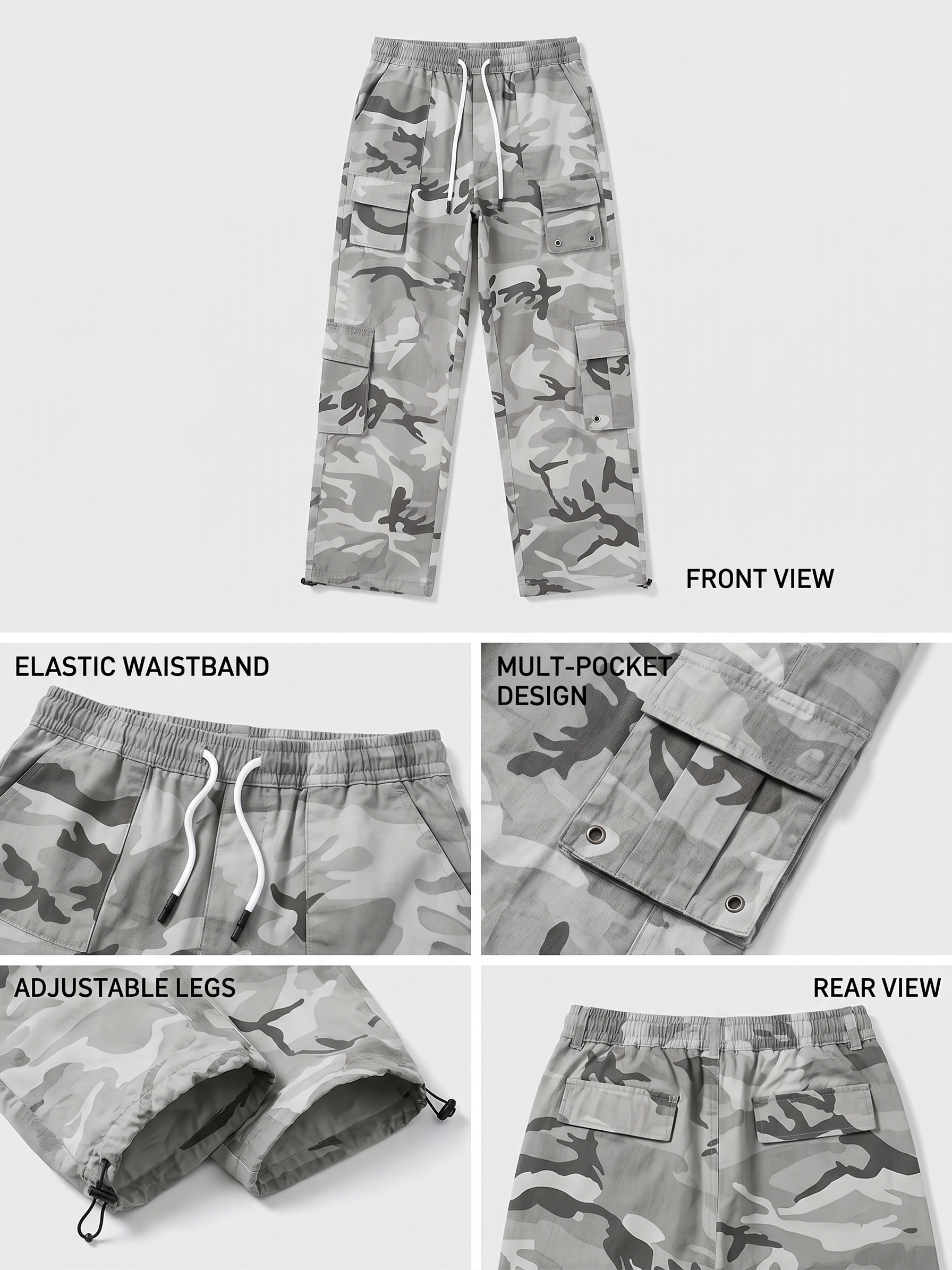practical Men's Camouflage Print Multi-Pocket Cargo Pants, Elastic Waistband with Adjustable Legs, Fashion Wide-Leg Trousers 4 A detailed five-part product feature grid highlighting components of the grey Camouflage Print Multi-Pocket Cargo Pants against a light gray background. Individual panels include a full flat-lay view labeled "FRONT VIEW", a close-up labeled "ELASTIC WAISTBAND" with white drawstrings, a pocket feature labeled "MULT-POCKET DESIGN", adjustable leg hems labeled "ADJUSTABLE LEGS", and a lower-back flat-lay labeled "REAR VIEW".