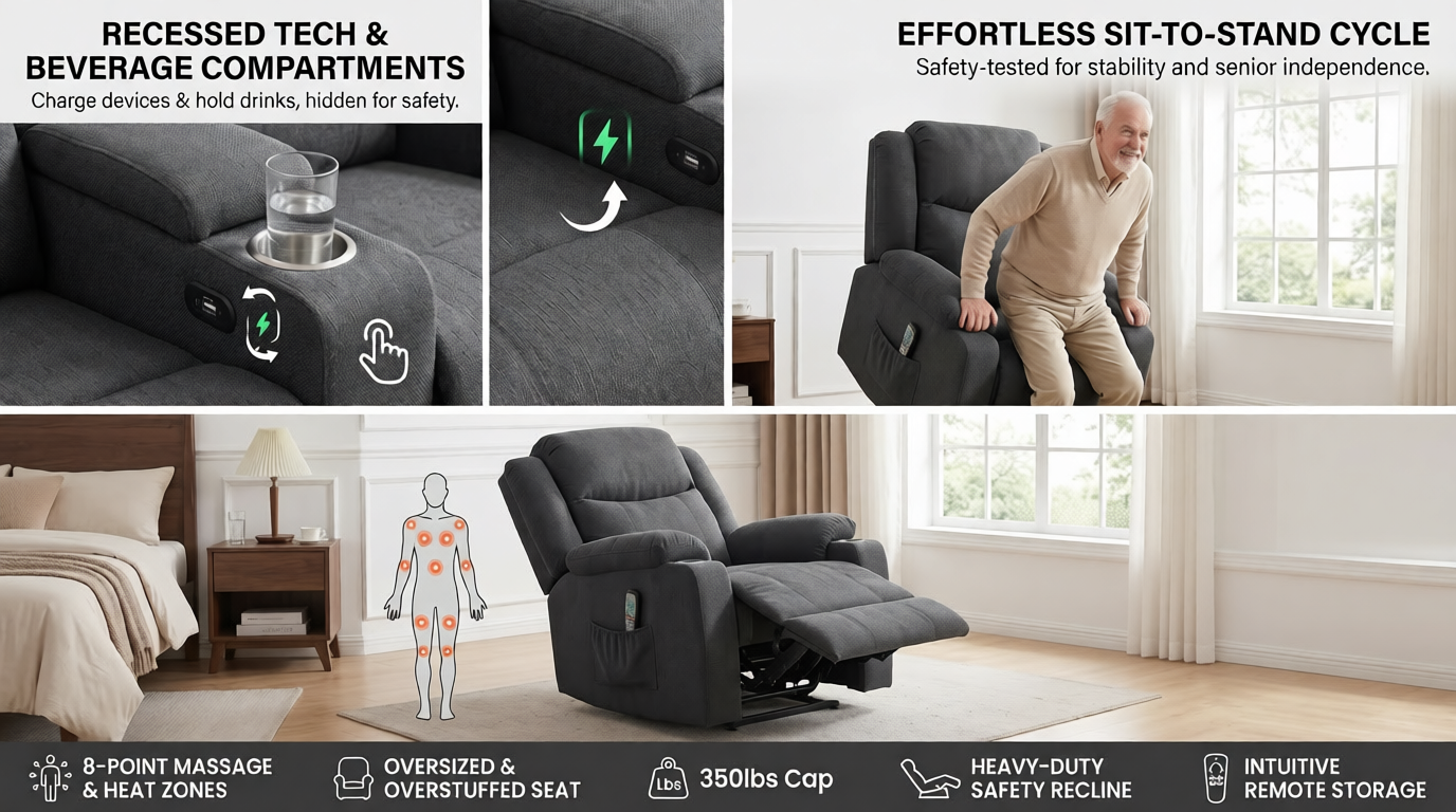 Elderly Power Lift Recliner Chair with Massage & Heat - Oversized Wide Overstuffed Seat, Heavy Duty Safety Reclining Mechanism, USB Ports & 2 Hidden Cup Holders 11 A multi panel lifestyle infographic showcasing the seating adjustments and technology ports on the grey color Power Lift Recliner Chair with Massage inside a home bedroom. The sections call out recessed technology compartments with a drink holder and active USB charging outlets, an older man using the effortless sit to stand cycle, and a wide view of the chair extended into a heavy duty safety recline mode.