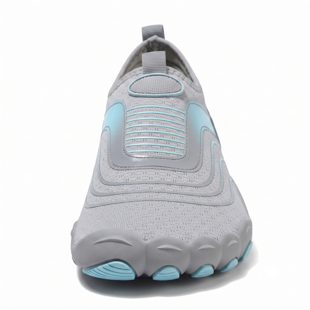 Unisex Quick-Dry Water Shoes, Comfortable and Breathable, Suitable for Fishing, Surfing, Hiking, Wading, Beach Play, and Fitness Squats 13 Direct straight-on front perspective of a grey color Unisex Quick-Dry Water Shoes against a plain white background, emphasizing the ergonomic wide toe box.