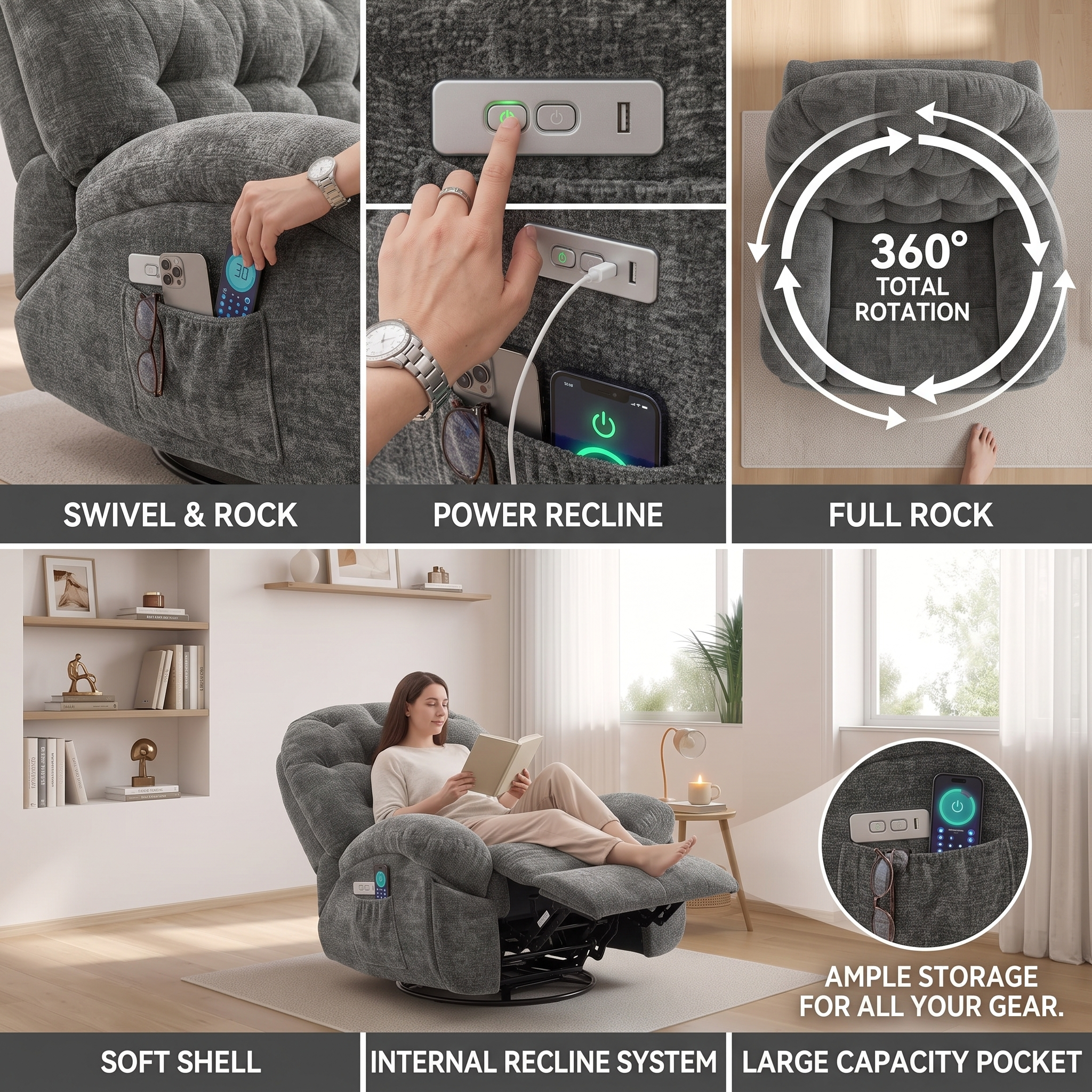Oversized Swivel Recliner Chair, Adult Electric Recliner with USB Port And Side Pocket Storage, Comfortable Soft Shell Rocking Chair, Large Chenille Recliner Suitable for The Living Room 18 A multi-panel product collage featuring a grey power recliner. Panels show close-up frames of a hand utilizing the side storage sleeve, a finger pressing the green illuminated power button, an overhead graphic mapping out the 360-degree total rotation capability, and a large central image showing a woman relaxing at an incline while reading.