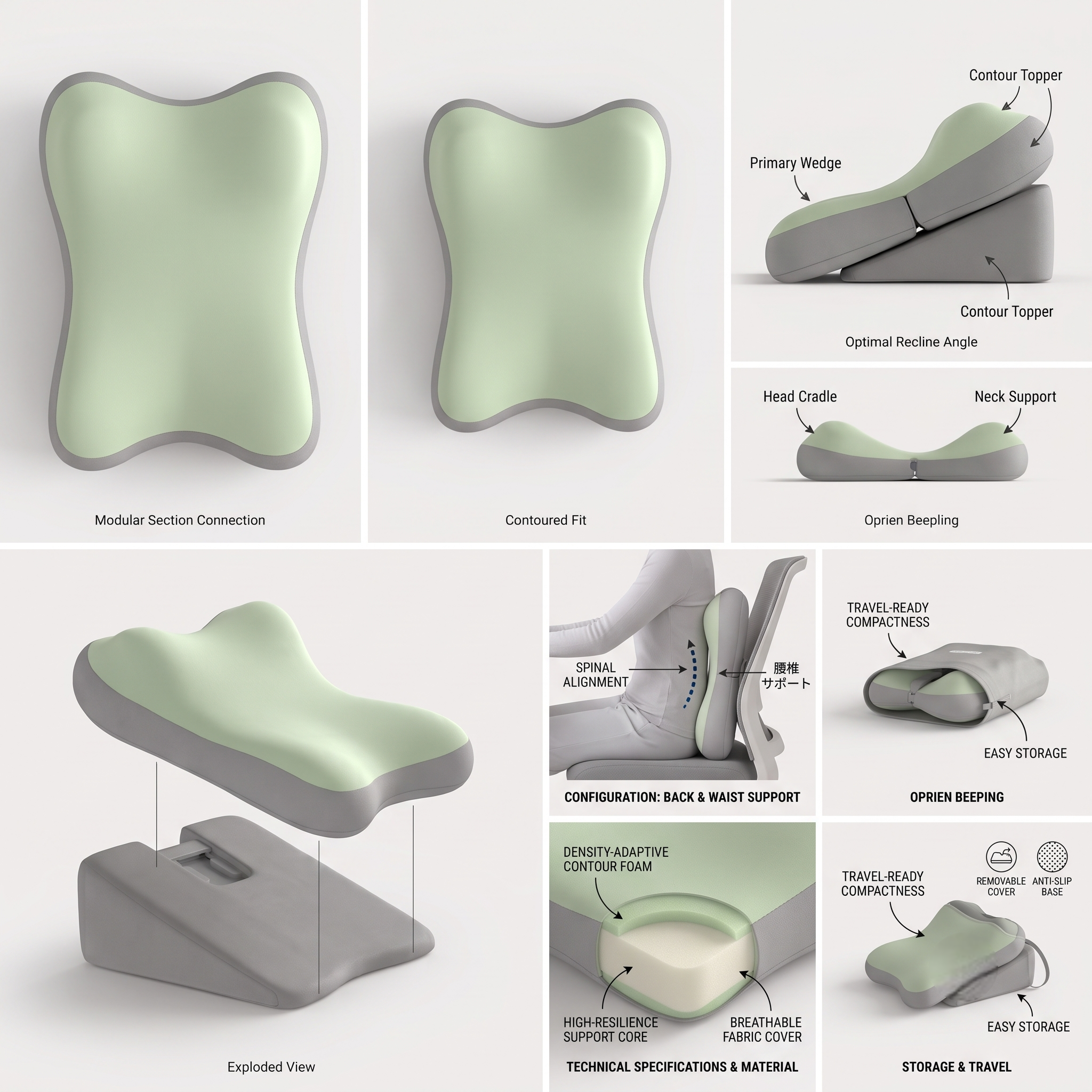reliable Ergonomic Bed Wedge Pillow Adjustable Memory Foam Backrest for Reading, 2pcs Split Design Support Pillow for Sitting Up in Bed, Non-Slip Lumbar & Neck Cushion for Home Office & Relaxing 10 A multi-panel e-commerce feature infographic showcasing the mrali grey green color Bed Wedge Pillow from multiple angles. Panels display a plan view, profile views highlighting optimal recline, an exploded view of interlocking components, and graphic specs illustrating back support, material layers, and compactness for travel.