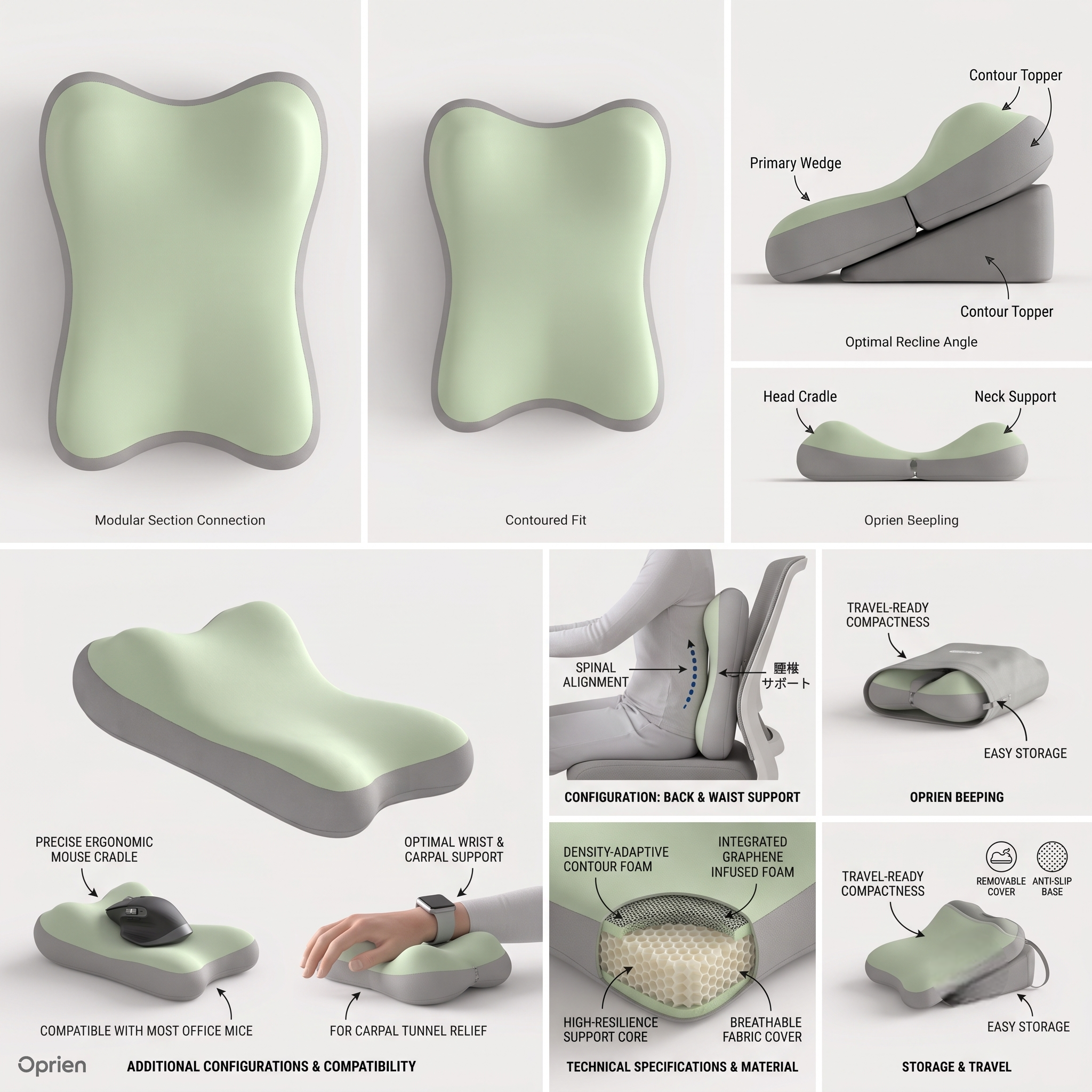 reliable Ergonomic Bed Wedge Pillow Adjustable Memory Foam Backrest for Reading, 2pcs Split Design Support Pillow for Sitting Up in Bed, Non-Slip Lumbar & Neck Cushion for Home Office & Relaxing 11 A 6-panel technical product diagram for the mrali grey green color Bed Wedge Pillow showing alternative wrist and mouse support compatibility setups alongside optimal recline and technical material foam cutaways.