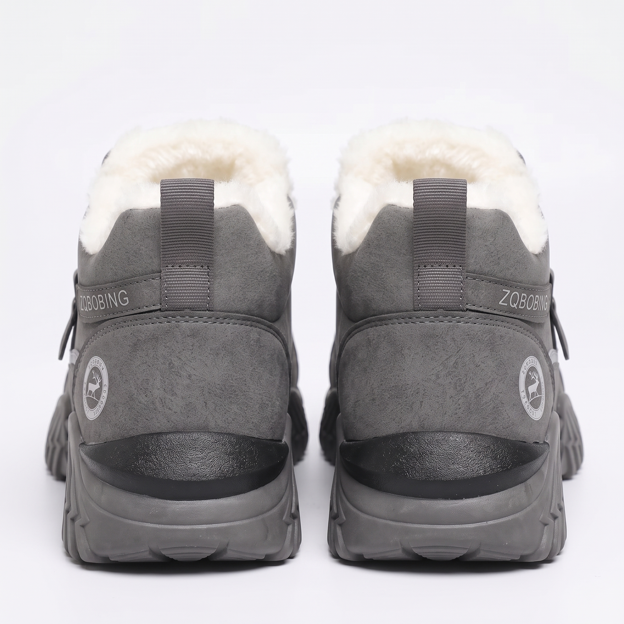 Winter Men'S Thermal Insulated Fleece-Lined Snow Boots - Comfortable, Breathable, And Stylish Hiking Shoes, Short Men'S Boots Suitable for Hiking, Hunting, Work Commuting, And Casual Wear, Winter Boots, Outdoor Footwear - Available in Black/Gray/Kha 9 A symmetrical rear view of a pair of grey color Insulated Fleece-Lined Snow Boots on a clean white background. It showcases the dark grey pull tabs, thick white fleece collars, the "ZQBOBING" debossed text across the heel straps, and the circular deer logos on the outer heels.