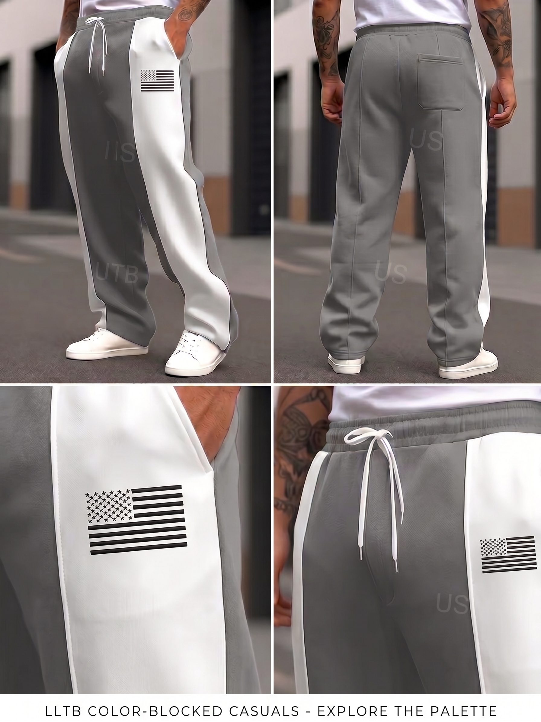 Men'S Color-Blocked Casual Pants Feature a Stylish Design with Comfortable And Structured Fabric. The Drawstring Waist Fits The Body Well, Making It Trendy And Eye-Catching. with a Loose Straight Cut 36 A 4-panel e-commerce product collage from file "mrali grey sdsd.jpg" showing how our grey color Blocked Casual Pants Feature a Stylish design, with front three-quarter and full rear model angles alongside close-ups of the flag logo and adjustable drawstring waistband.