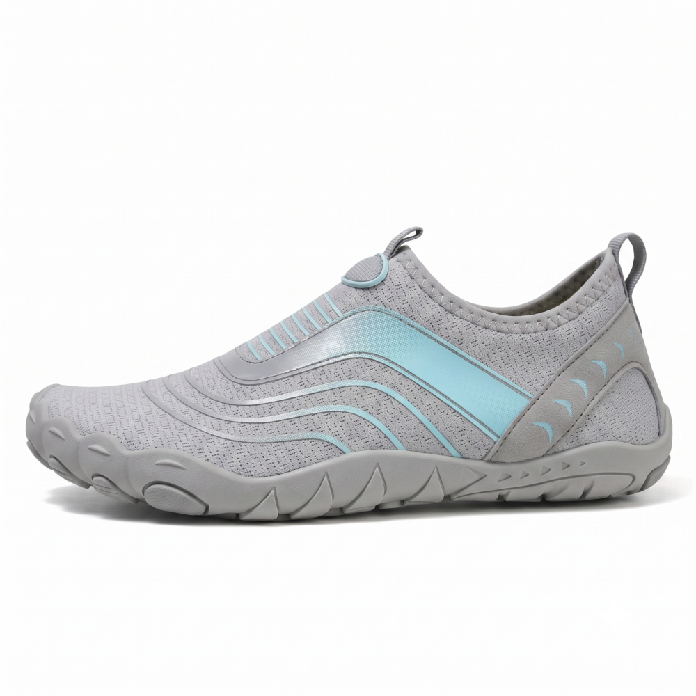 Unisex Quick-Dry Water Shoes, Comfortable and Breathable, Suitable for Fishing, Surfing, Hiking, Wading, Beach Play, and Fitness Squats 14 A direct side profile photo of a single grey color Unisex Quick-Dry Water Shoes with light blue stripe overlays and a low-top silhouette on a pure white background.