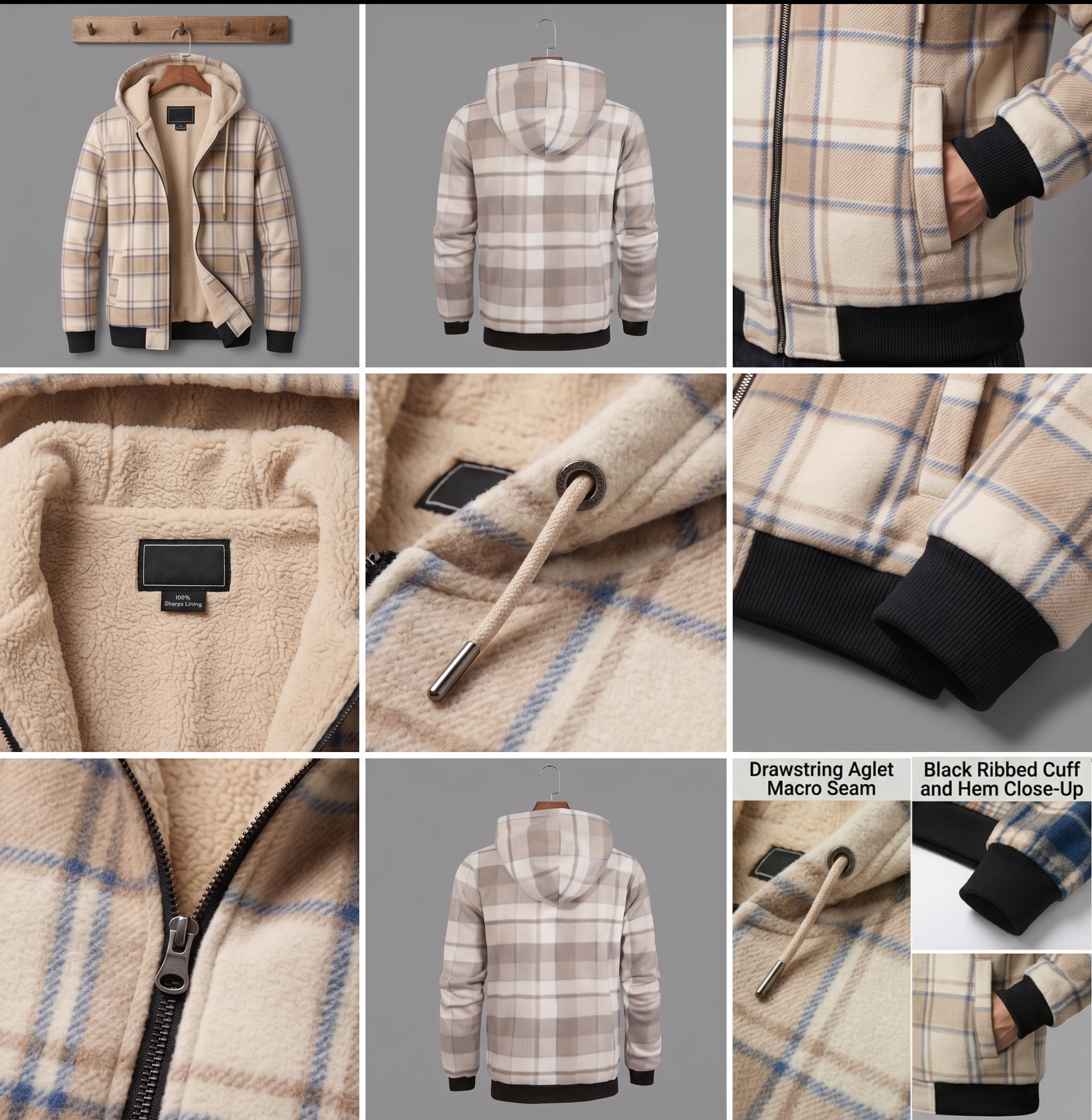 Men'S Heavyweight Fleece Hooded Jackets Thick Sherpa Lined Flannel Plaid Shirt with Full Zip 24 A multi-panel product image showing the detailed craftsmanship of cream and tan plaid Fleece Hooded Jackets Thick Sherpa, including macro shots of the zipper, drawstring aglet, pocket, and ribbed black cuffs.