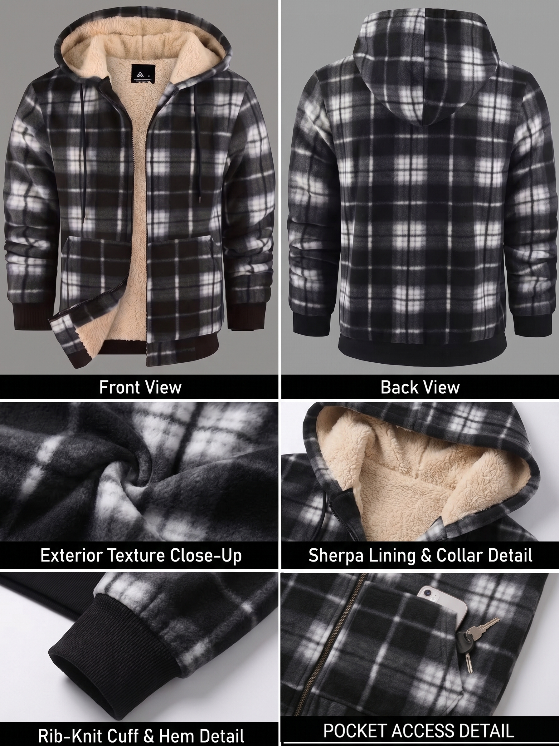 Men'S Heavyweight Fleece Hooded Jackets Thick Sherpa Lined Flannel Plaid Shirt with Full Zip 7 A 6-panel technical overview graphic showcasing construction details of a black and white checkered mixed color Fleece Hooded Jacket Thick Sherpa insulation, detailing the elastic rib-knit cuffs, kangaroo pocket utility, and interior fleece lining.