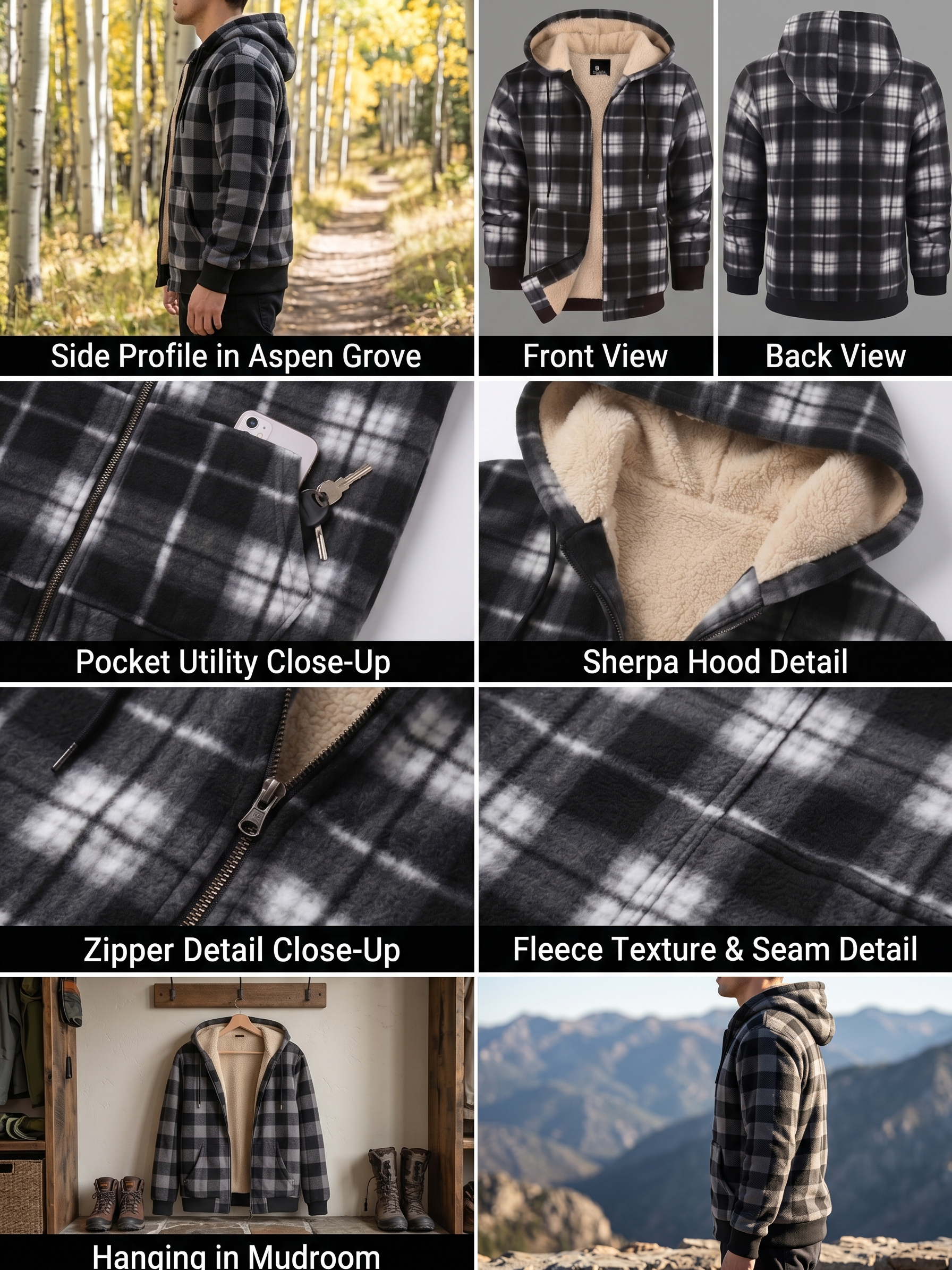 Men'S Heavyweight Fleece Hooded Jackets Thick Sherpa Lined Flannel Plaid Shirt with Full Zip 6 An 8-panel lifestyle and feature matrix detailing a black, grey, and white plaid mixed color Fleece Hooded Jacket Thick Sherpa lining, showing a model in an aspen grove and on a mountain, pocket utility close-ups, and a jacket hanging in a mudroom.