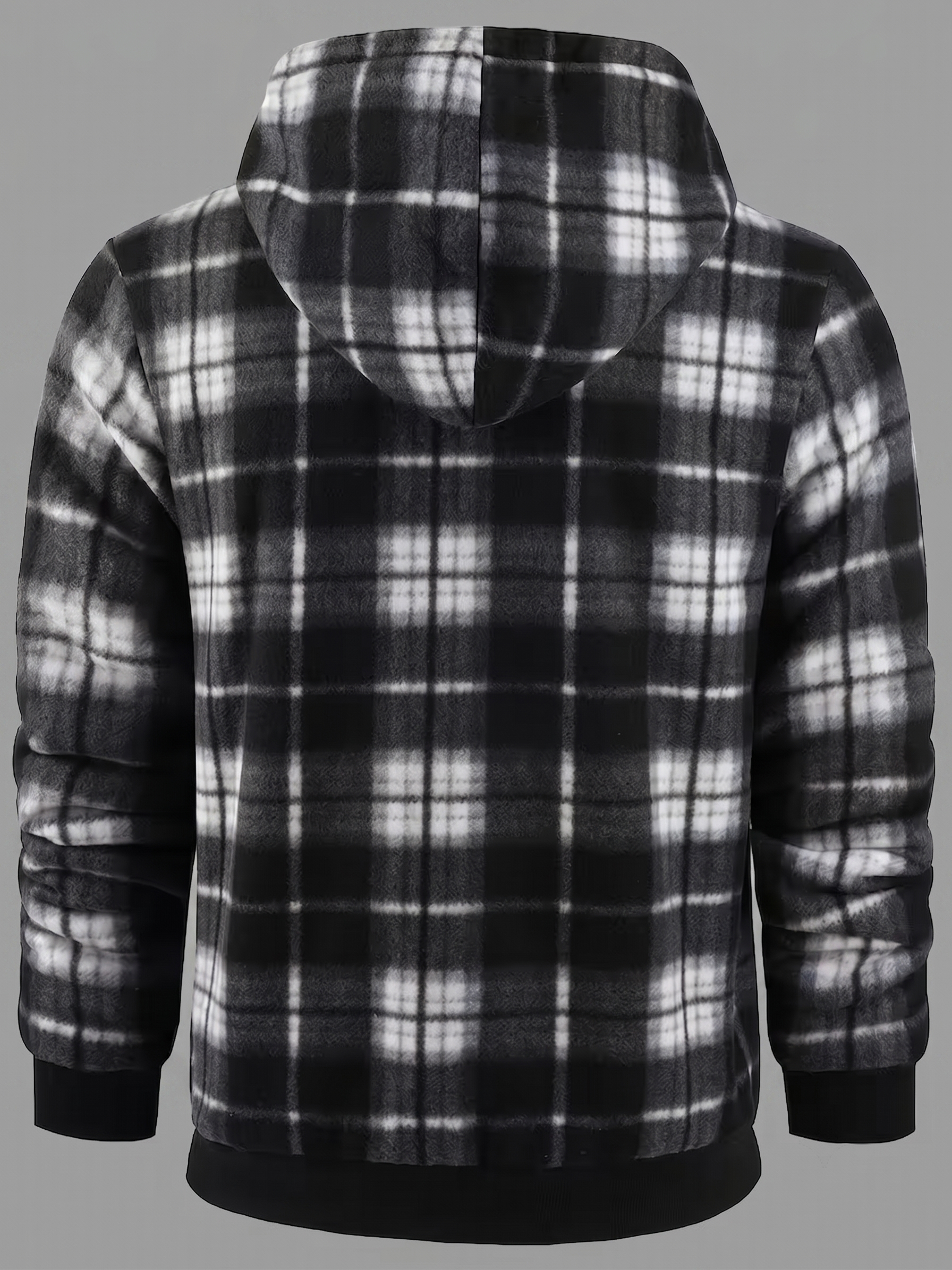 Men'S Heavyweight Fleece Hooded Jackets Thick Sherpa Lined Flannel Plaid Shirt with Full Zip 8 Fully aligned back view of a black, grey, and white plaid mixed color Fleece Hooded Jacket Thick Sherpa lining displayed on a mannequin against a neutral grey background.