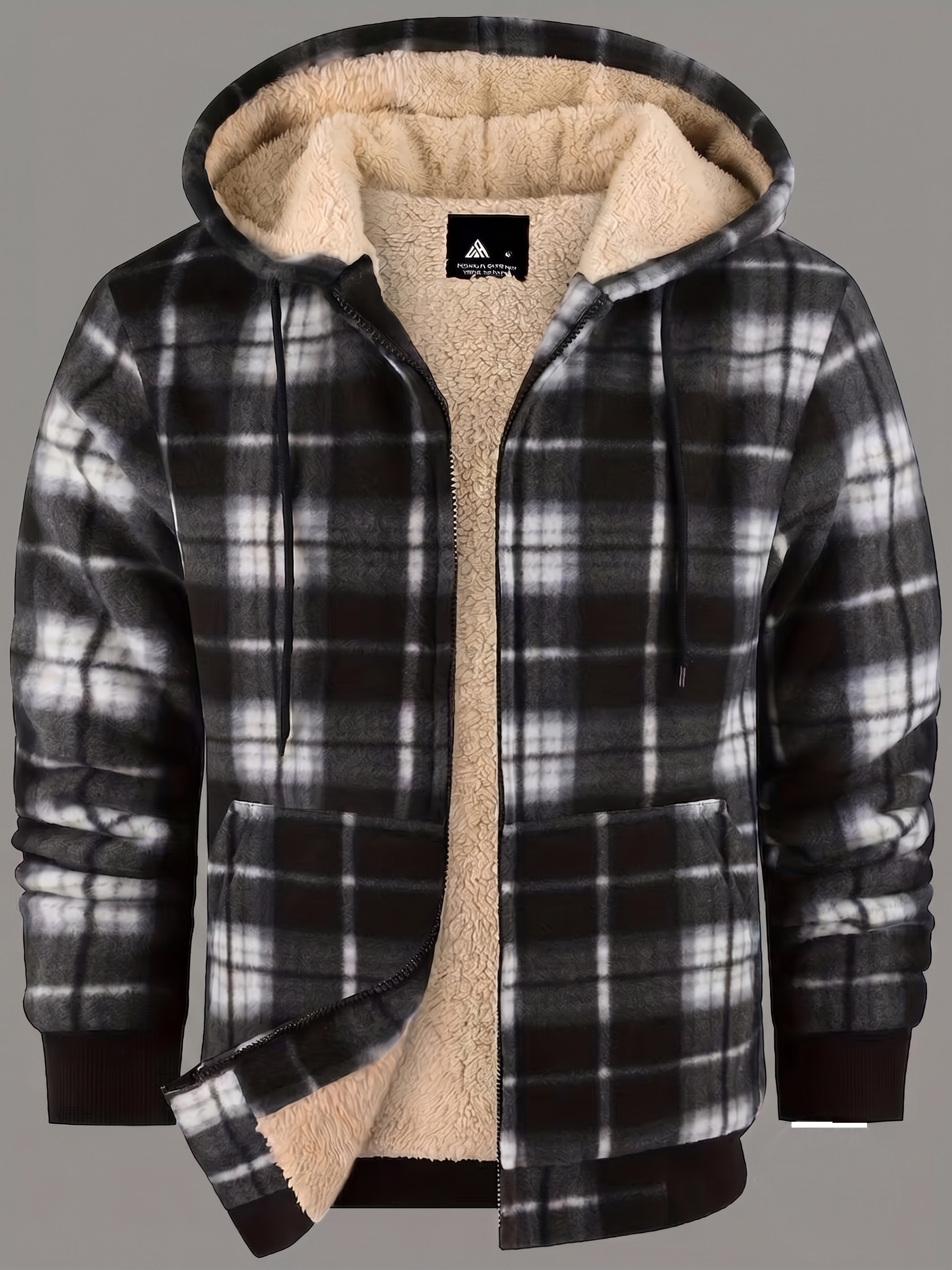 Men'S Heavyweight Fleece Hooded Jackets Thick Sherpa Lined Flannel Plaid Shirt with Full Zip 9 Symmetrical front studio layout of a black and white plaid mixed color Fleece Hooded Jacket Thick Sherpa lining, unzipped at the bottom to showcase the dense cream-colored interior pile.