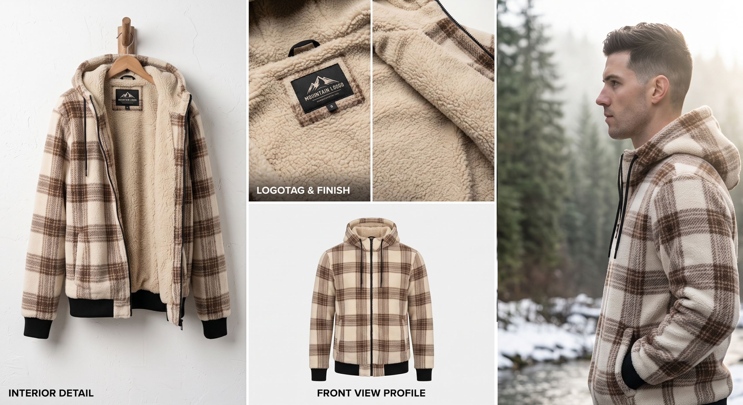 Men'S Heavyweight Fleece Hooded Jackets Thick Sherpa Lined Flannel Plaid Shirt with Full Zip 10 A 4-panel collage showcasing a tan, cream, and brown plaid mixed color Fleece Hooded Jacket Thick Sherpa lining, featuring the jacket on a hanger, close-ups of the inner lining tag, a front profile view, and a model wearing it in a misty pine forest.