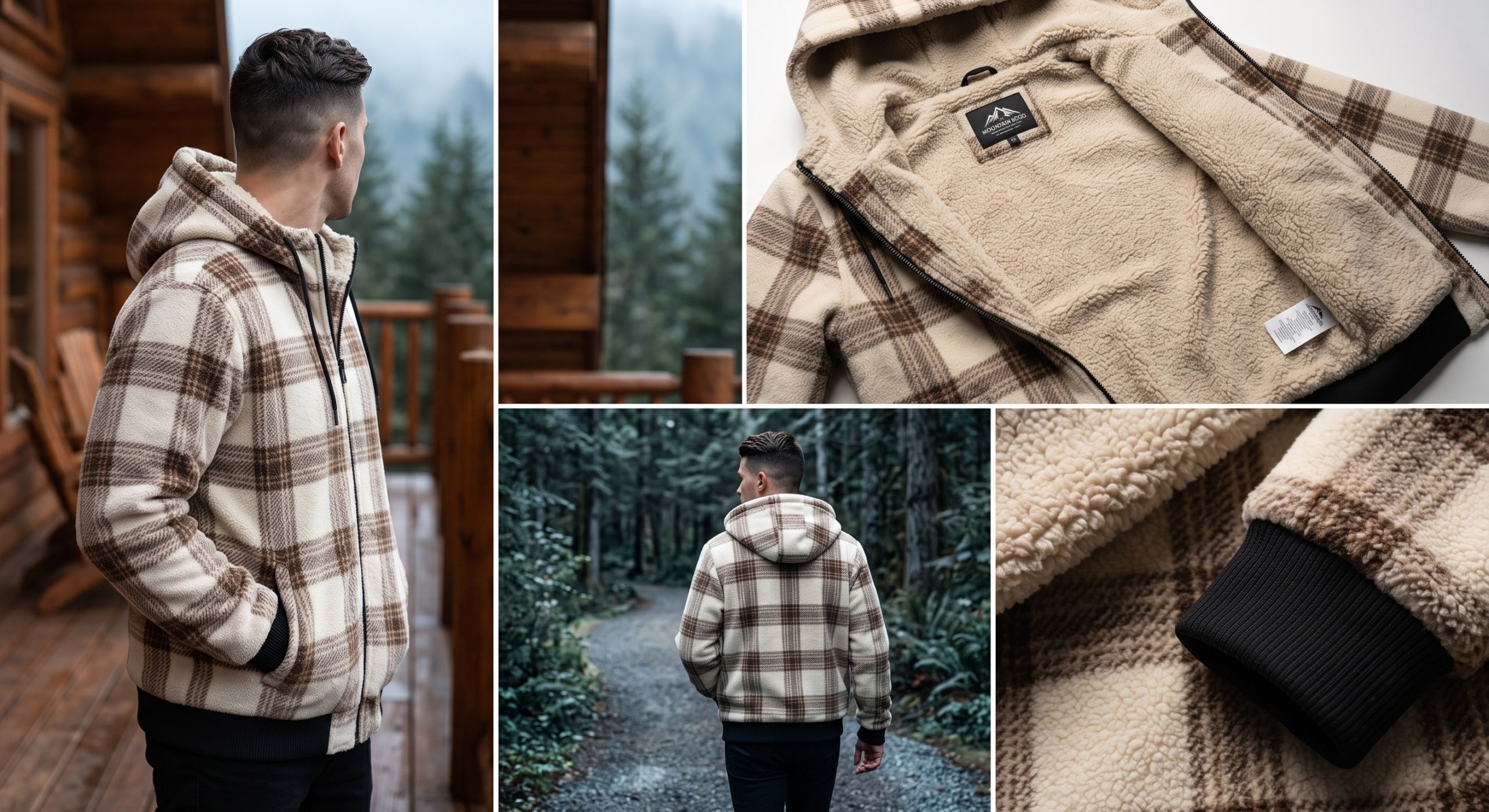 Men'S Heavyweight Fleece Hooded Jackets Thick Sherpa Lined Flannel Plaid Shirt with Full Zip 11 A multi-panel product collage of a plaid mixed color Fleece Hooded Jacket Thick Sherpa, showing a man walking on a forest trail, a close-up flat lay of the open jacket lining, and a macro shot of the black ribbed wrist cuff.