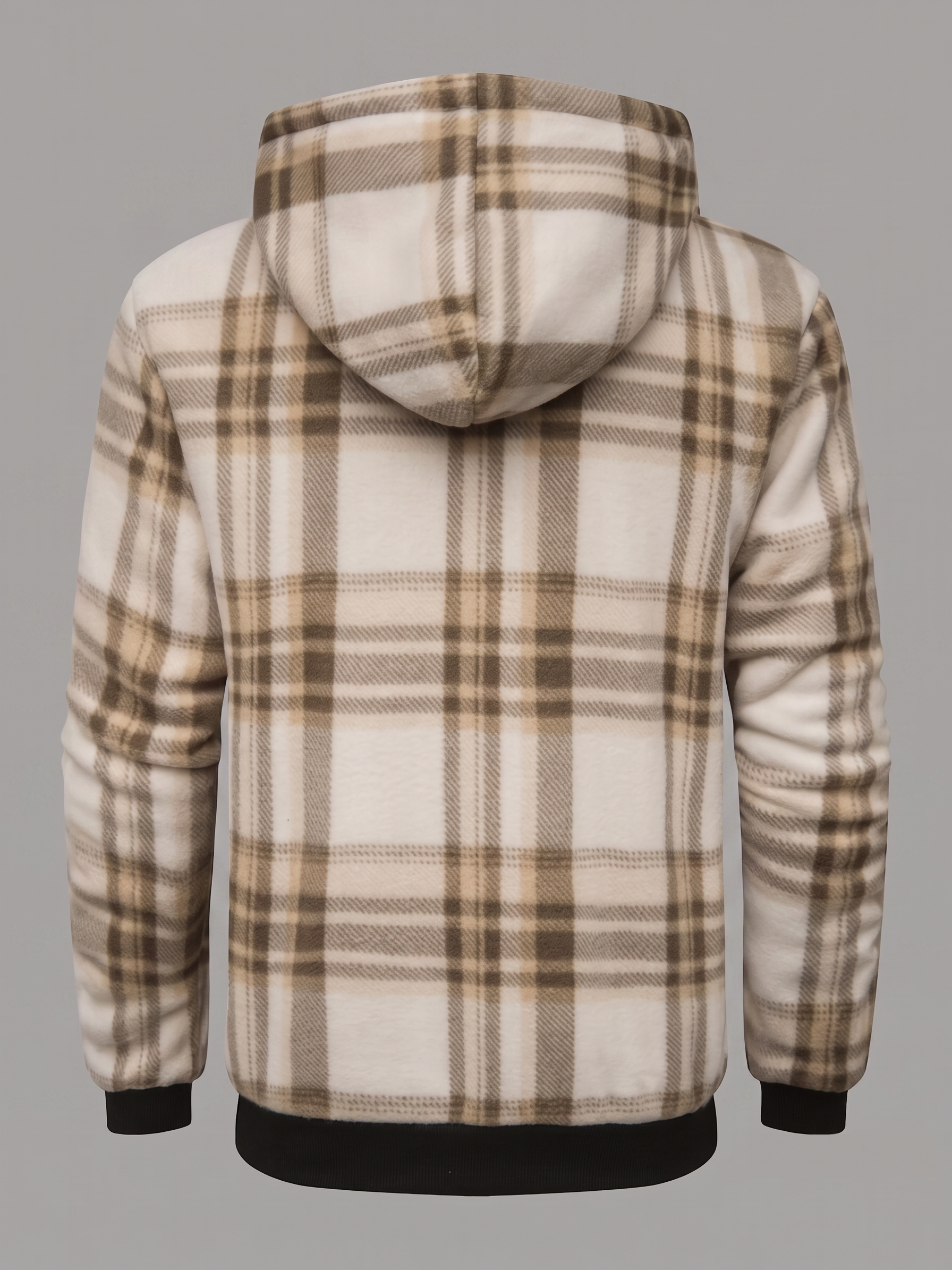 Men'S Heavyweight Fleece Hooded Jackets Thick Sherpa Lined Flannel Plaid Shirt with Full Zip 12 Symmetrical rear view of a cream, tan, and light brown plaid mixed color Fleece Hooded Jacket Thick Sherpa lining on a mannequin against a solid grey backdrop.