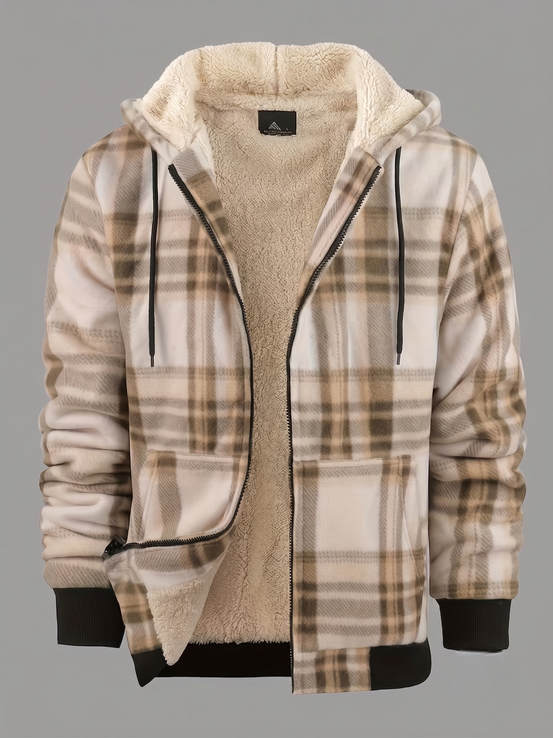 Men'S Heavyweight Fleece Hooded Jackets Thick Sherpa Lined Flannel Plaid Shirt with Full Zip 13 Studio front-facing shot of a tan and cream plaid mixed color Fleece Hooded Jacket Thick Sherpa lining, unzipped to show the dense cream fleece interior.