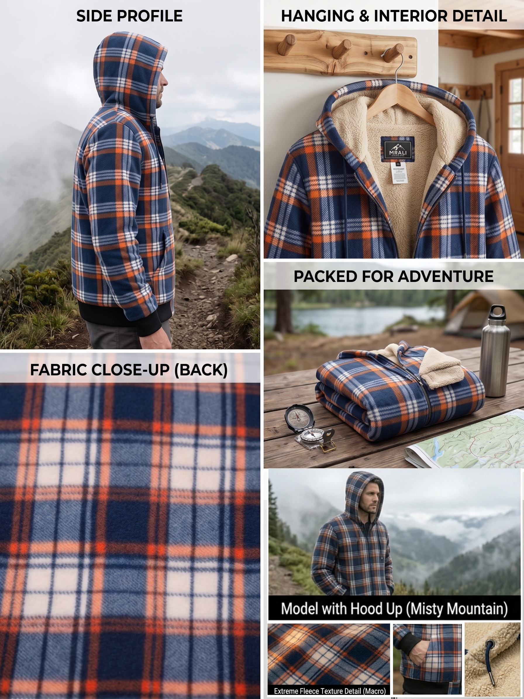 Men'S Heavyweight Fleece Hooded Jackets Thick Sherpa Lined Flannel Plaid Shirt with Full Zip 29 A product and lifestyle presentation grid containing shots of a man wearing a blue and orange plaid mixed color Fleece Hooded Jacket Thick Sherpa on a foggy mountain peak, along with a flat-laid fabric close-up.