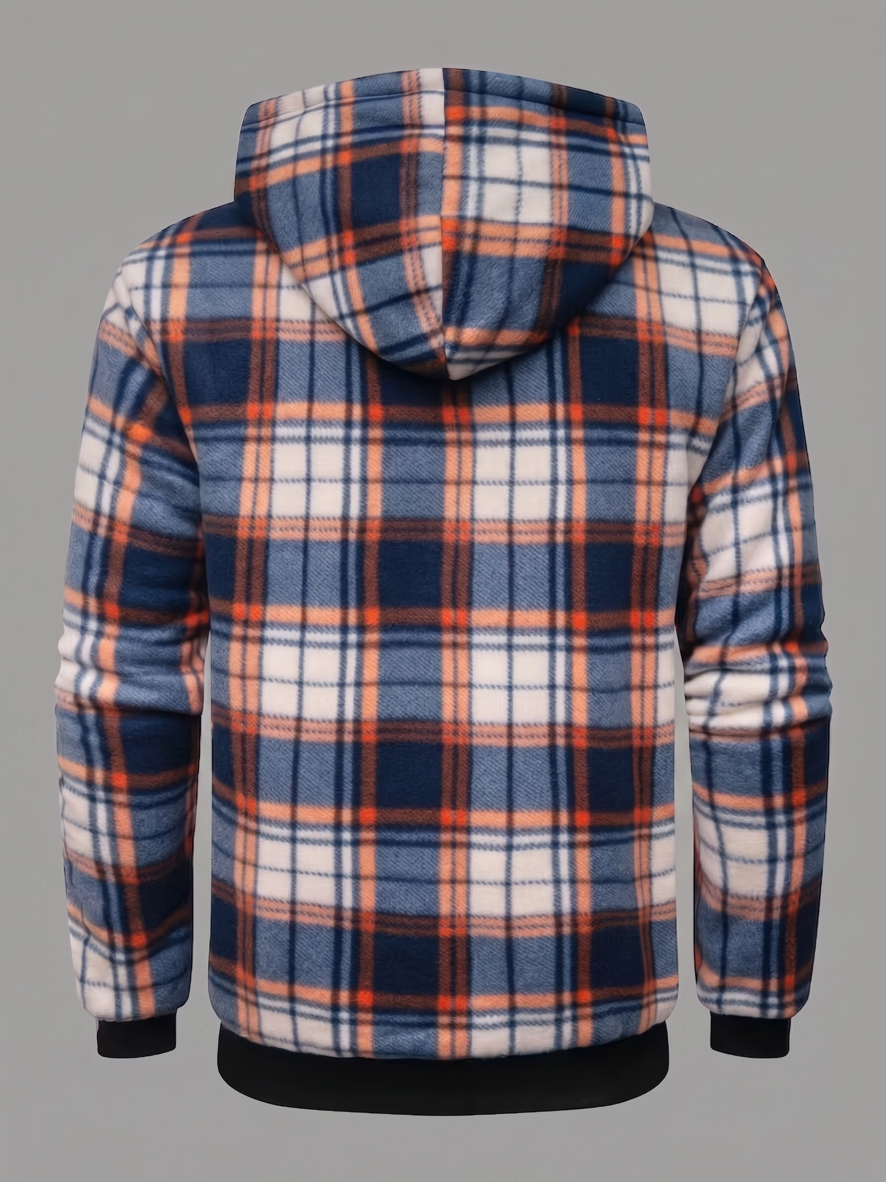 Men'S Heavyweight Fleece Hooded Jackets Thick Sherpa Lined Flannel Plaid Shirt with Full Zip 14 Complete rear studio view of a blue, orange, and white plaid mixed color Fleece Hooded Jacket Thick Sherpa lining on a mannequin torso, showcasing perfectly centered pattern lines and black knit ribbing.