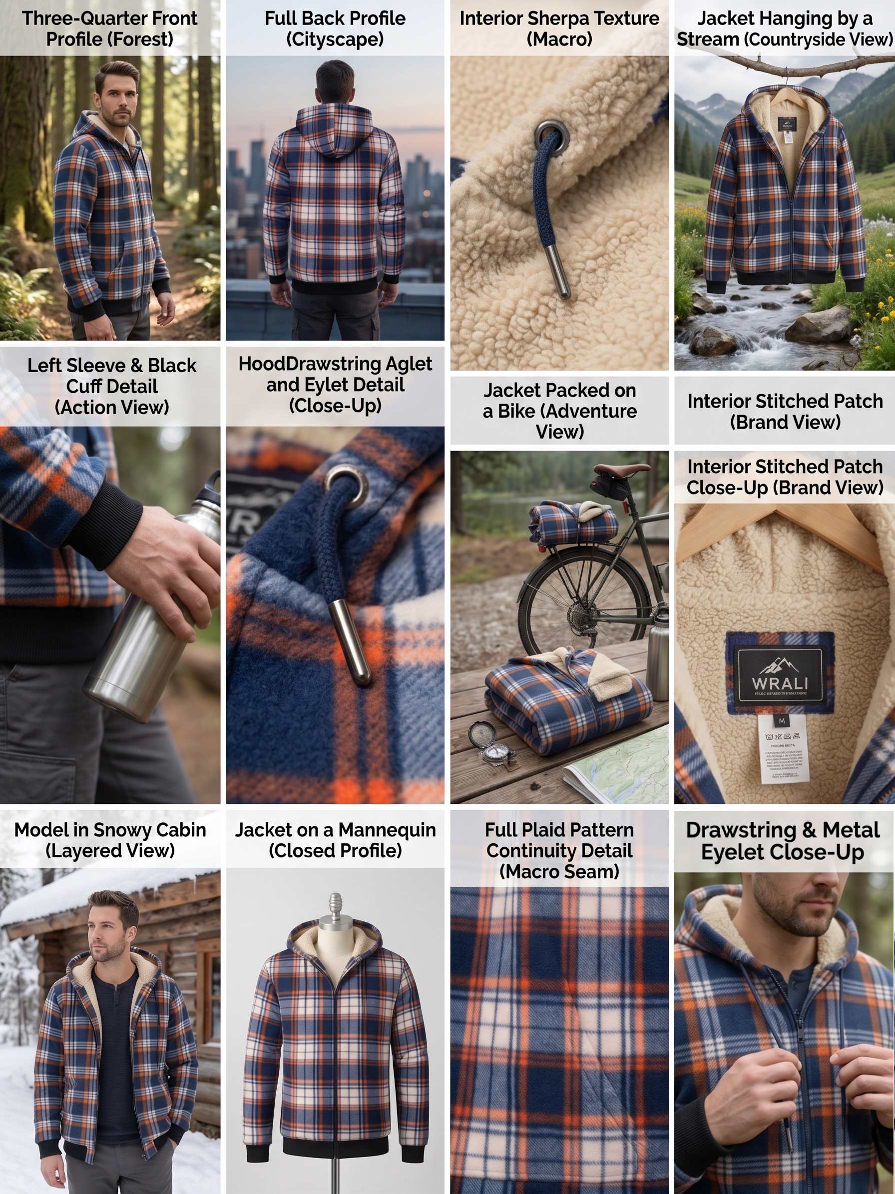 Men'S Heavyweight Fleece Hooded Jackets Thick Sherpa Lined Flannel Plaid Shirt with Full Zip 25 A 12-panel marketing collage graphic exploring the features of a blue and orange plaid mixed color Fleece Hooded Jacket Thick Sherpa lining, showing lifestyle model shots, bike packing prep, and close-ups of metal eyelets and custom tags.