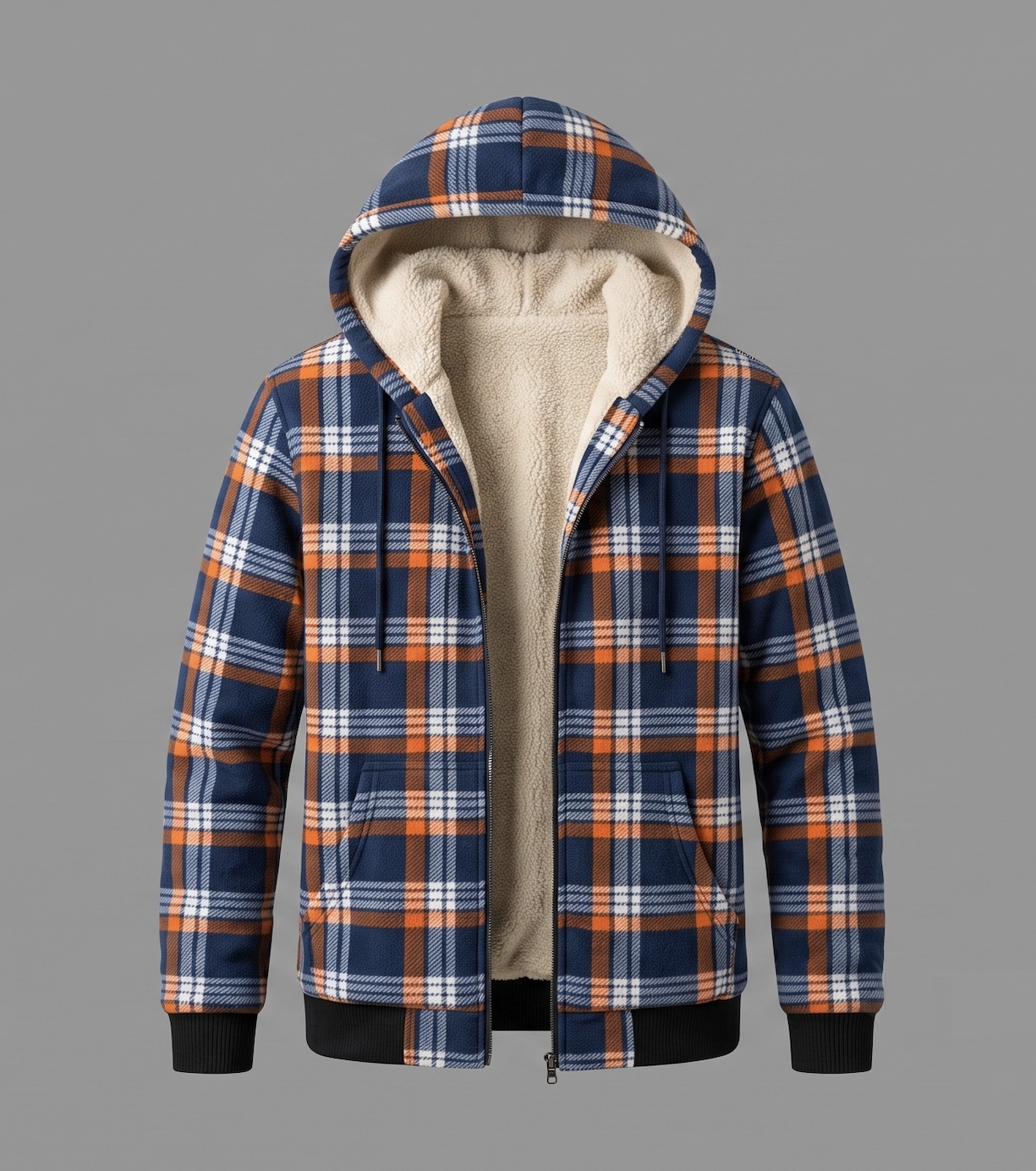 Men'S Heavyweight Fleece Hooded Jackets Thick Sherpa Lined Flannel Plaid Shirt with Full Zip 15 Symmetrical front-facing studio image of an unzipped blue and orange plaid mixed color Fleece Hooded Jacket Thick Sherpa insulation, highlighting the plush cream interior core.