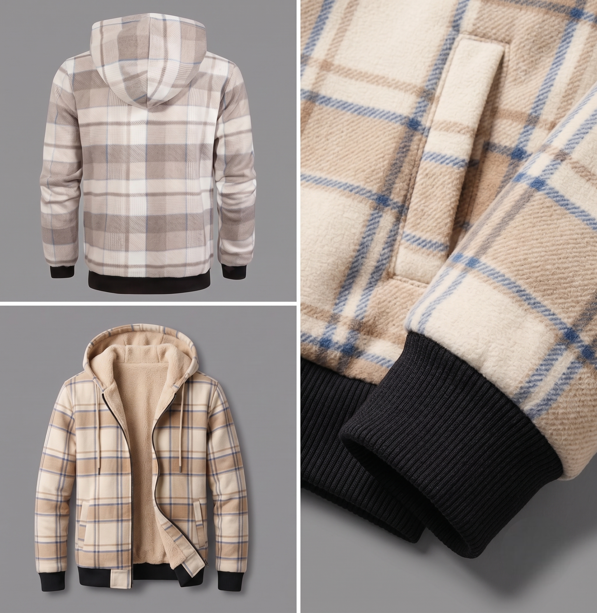 Men'S Heavyweight Fleece Hooded Jackets Thick Sherpa Lined Flannel Plaid Shirt with Full Zip 23 A three-panel product layout displaying the back profile, an open front view, and a close-up fabric shot of the tan-plaid Fleece Hooded Jackets Thick Sherpa lining.