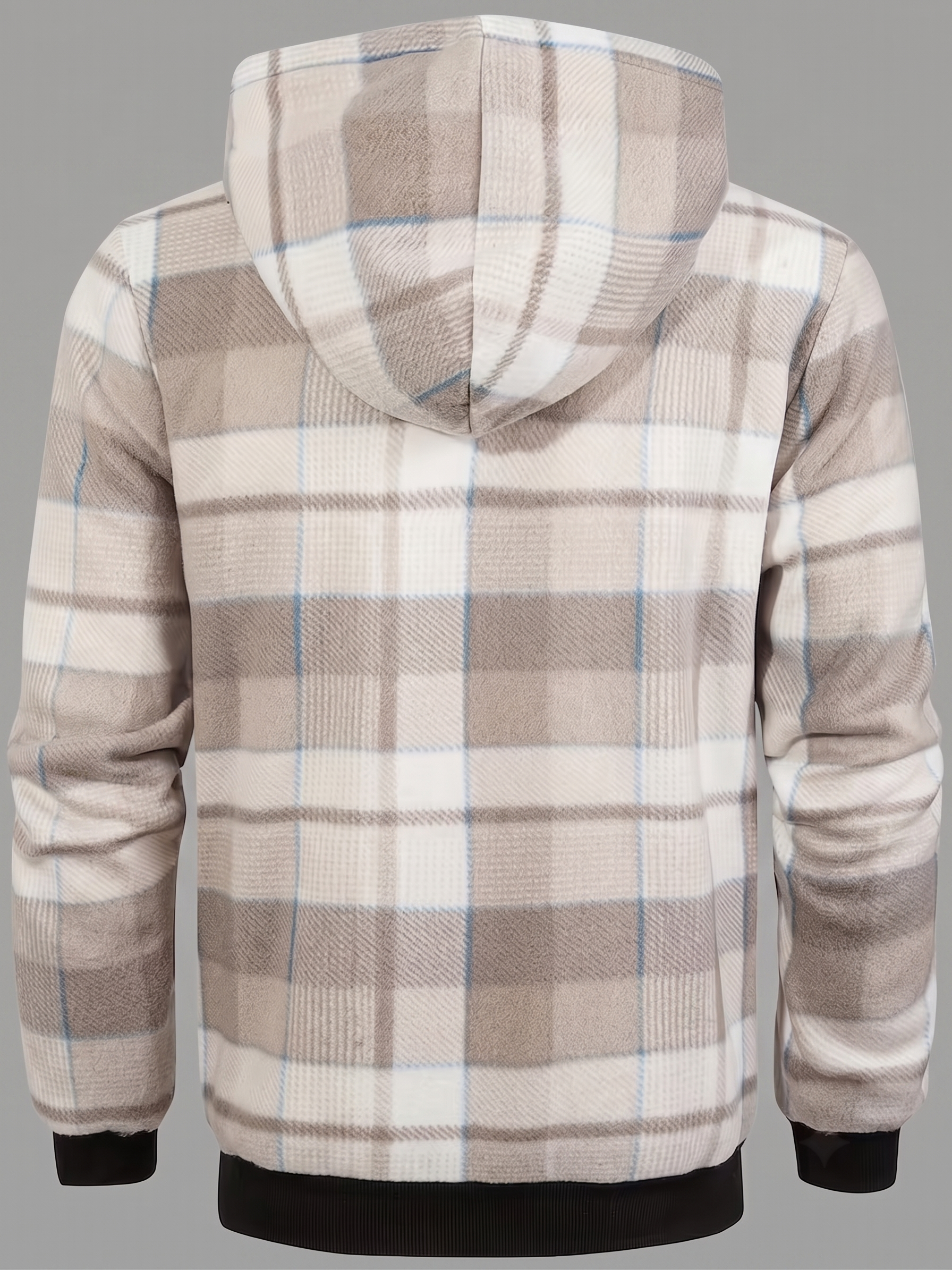 Men'S Heavyweight Fleece Hooded Jackets Thick Sherpa Lined Flannel Plaid Shirt with Full Zip 16 Symmetrical rear view of a tan, cream, and faint blue plaid fleece hooded jacket with thick Sherpa lining, featuring clean pattern alignment and a solid black waist hem.