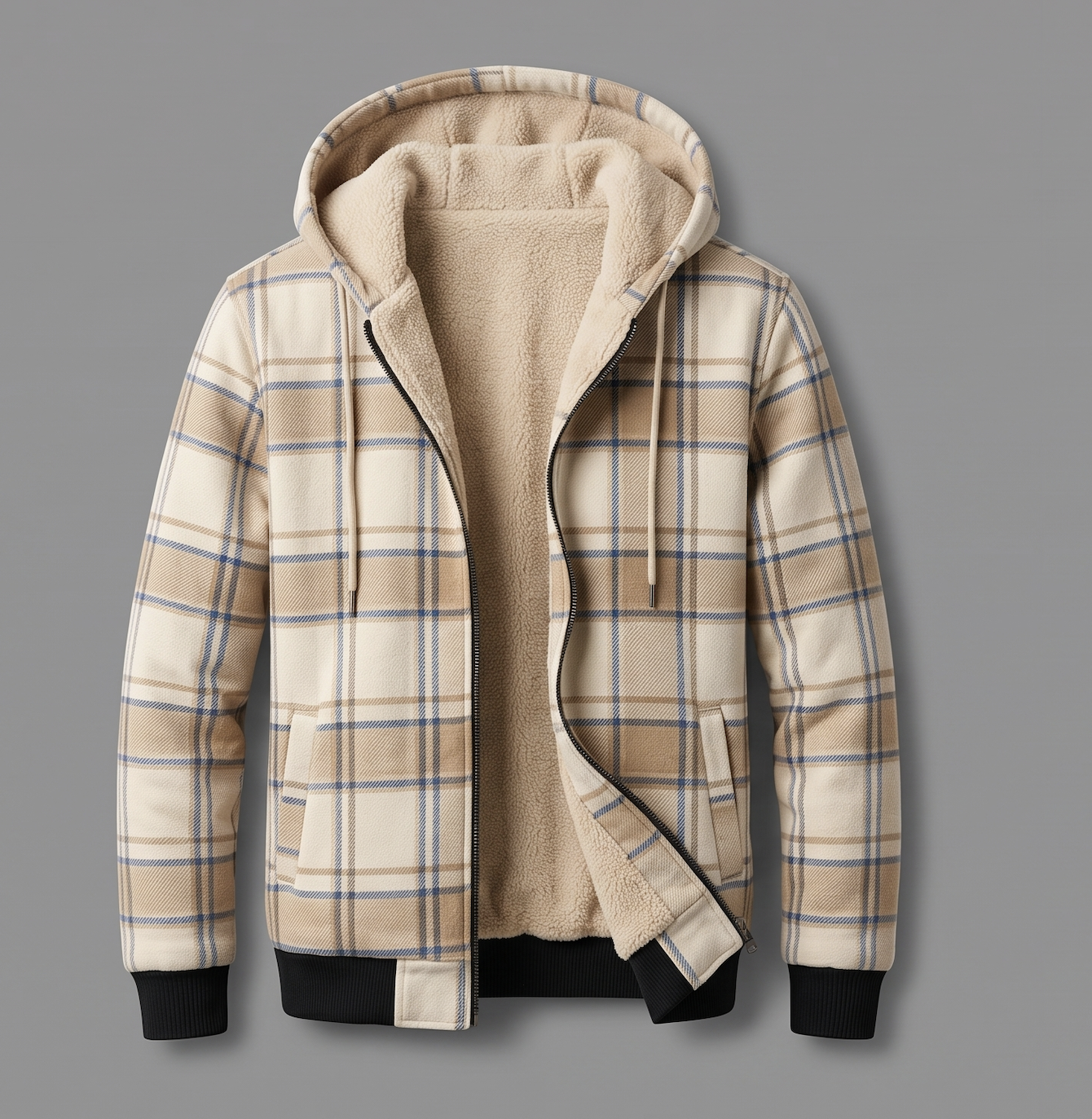 Men'S Heavyweight Fleece Hooded Jackets Thick Sherpa Lined Flannel Plaid Shirt with Full Zip 17 Studio flat lay of an unzipped plaid fleece hooded jacket, revealing a thick cream-colored Sherpa fleece insulation running through the entire interior and hood.
