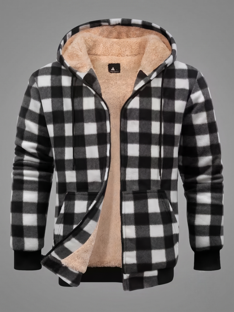exclusive Jacket for Men Heavyweight Fleece Hoodies Thick Sherpa Lined Flannel Plaid Shirt Jacket 3 Front view of a black and white plaid jacket for men heavyweight fleece hoodies with a thick beige sherpa lining and black ribbed cuffs against a grey studio background.