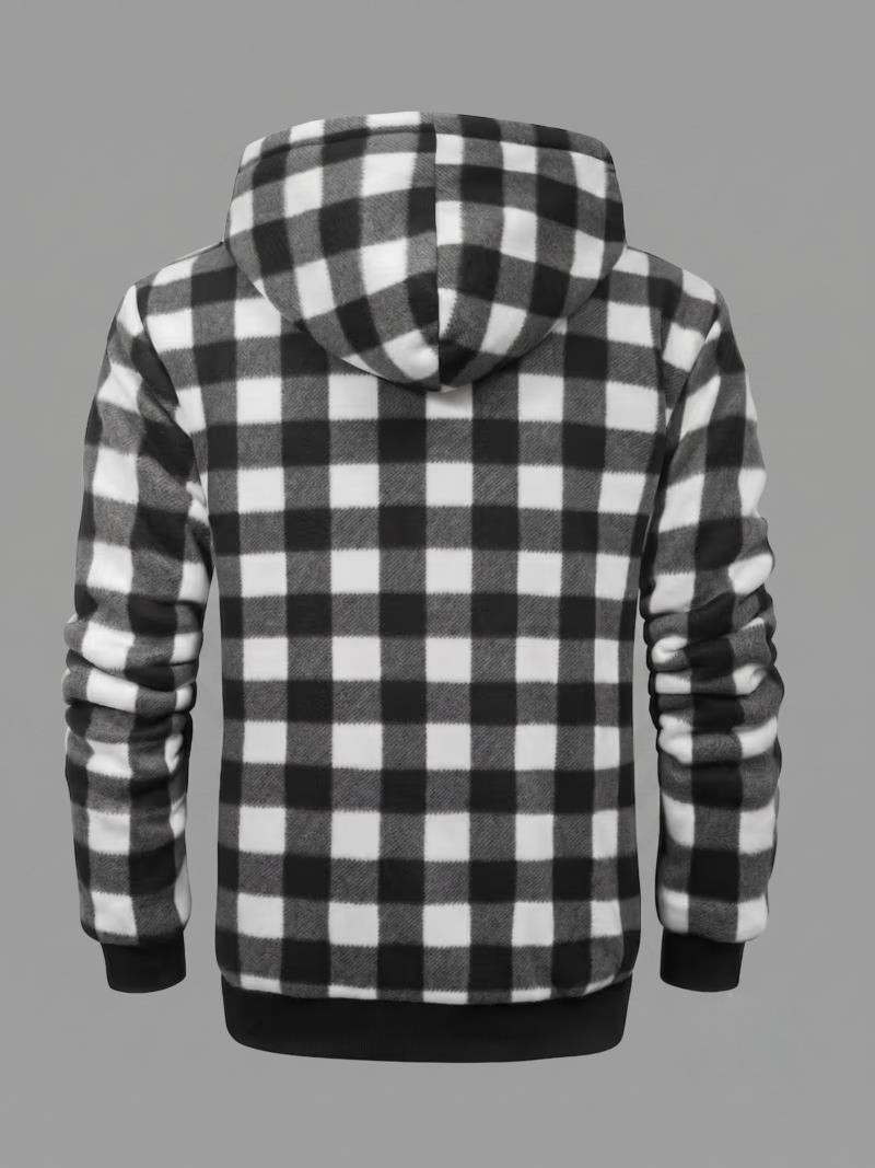 exclusive Jacket for Men Heavyweight Fleece Hoodies Thick Sherpa Lined Flannel Plaid Shirt Jacket 4 Full back view of a black and white plaid jacket for men heavyweight fleece hoodies with a hood and black ribbed hem against a grey studio background.