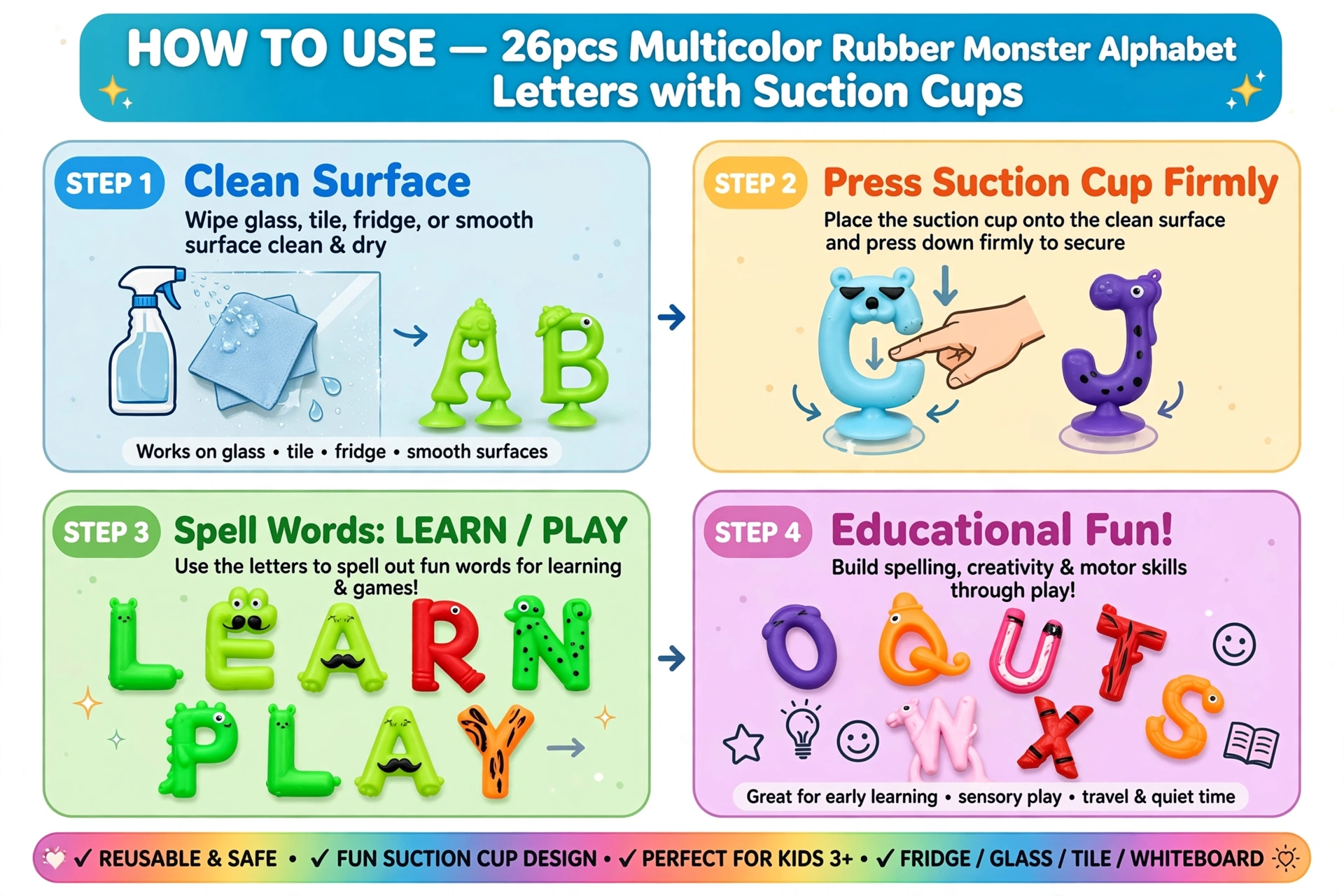 awesome 26pcs Multicolor Rubber Alphabet Letters with Suction Cups, Educational Spelling Learning Game, Ideal for Halloween/Christmas/Birthday Party Giftschristmas Stocking Stuffers, Christmas Stocking Stuffers 8 Step by step instruction guide showing how to clean surfaces and attach Alphabet Letters with Suction Cups for kids learning