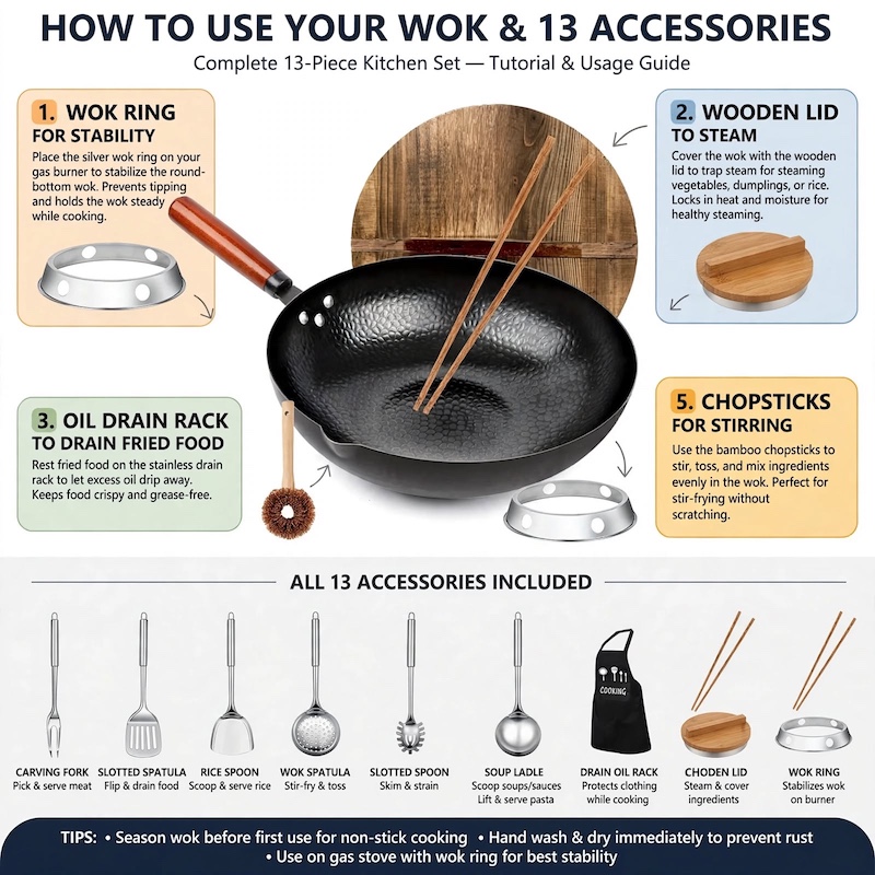 practical Cast Iron Frying Pan Wok Set - Nonstick, 12.6 Inch Pan With 13 Cookware Accessories, Suitable For All Stoves, Kitchen Utensils, Kitchen Tools, Kitchen Accessory, Kitchen Supplies Camping 11 An instructional guide pointing out the functions of the wok ring, wooden lid, oil drain rack, chopsticks, and utensils included in the Cast Iron Frying Pan Wok Set.