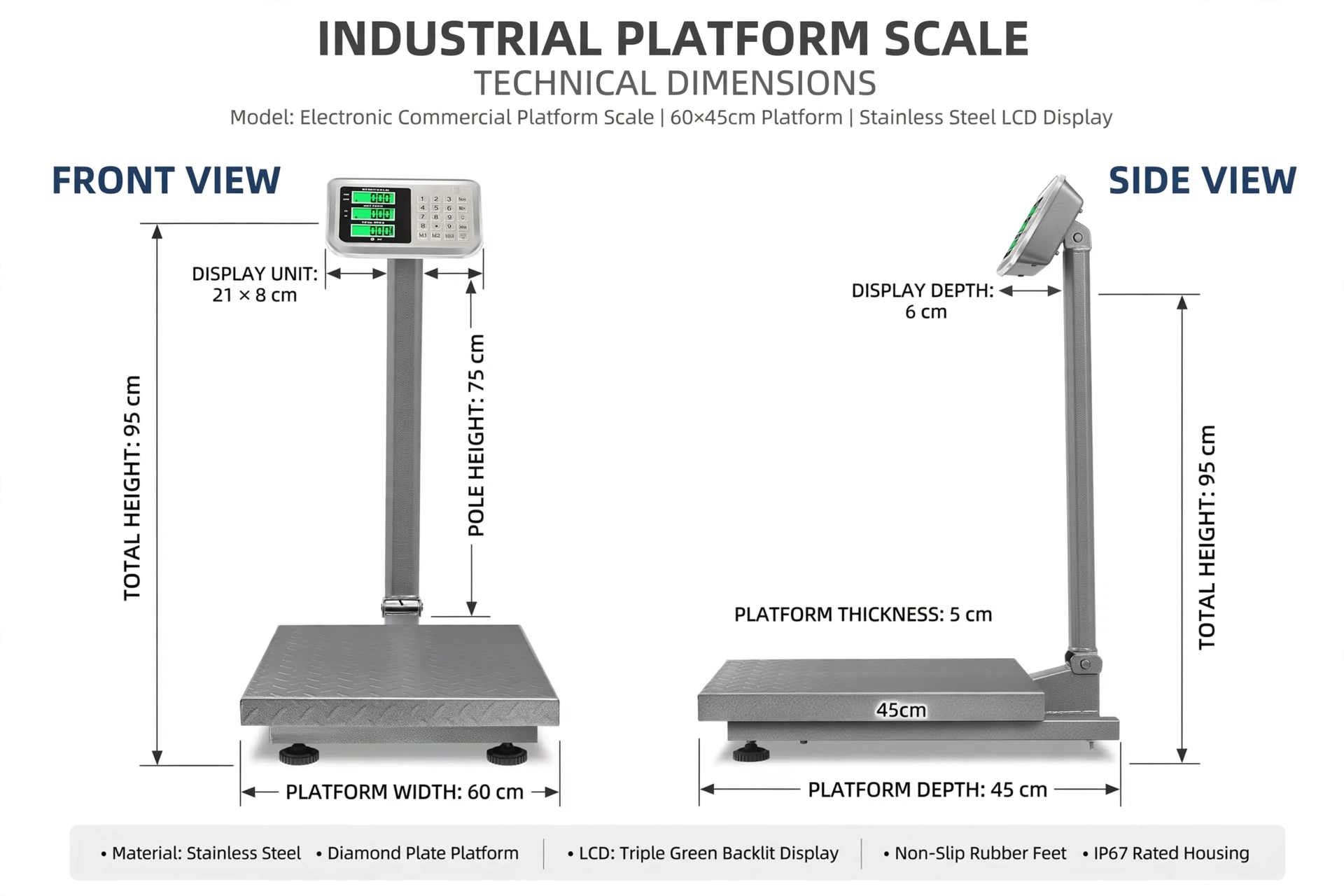 Electronic Industrial Commercial Platform Scale,Stainless Steel High-Definition LCD Display, Digital Floor Heavy Duty, Luggage Package Price Computing Postal Shipping Mailing 9 Engineering schematic and technical dimensions of a commercial platform scale showing front and side views with measurement labels
