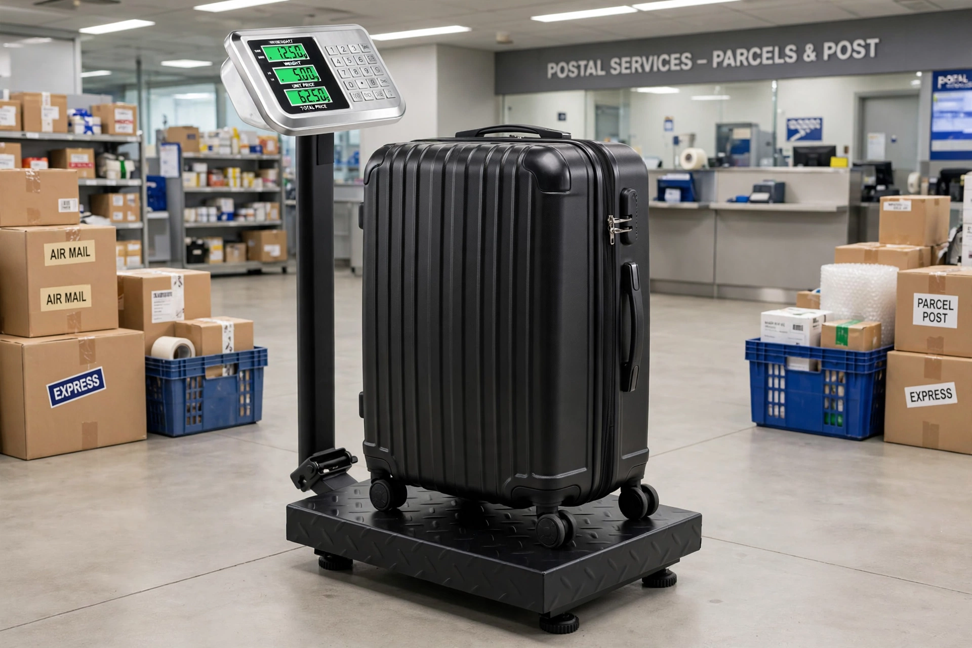 Electronic Industrial Commercial Platform Scale,Stainless Steel High-Definition LCD Display, Digital Floor Heavy Duty, Luggage Package Price Computing Postal Shipping Mailing 10 A sleek vertical suitcase sitting on a commercial platform scale inside a postal shipping center with boxes on shelves