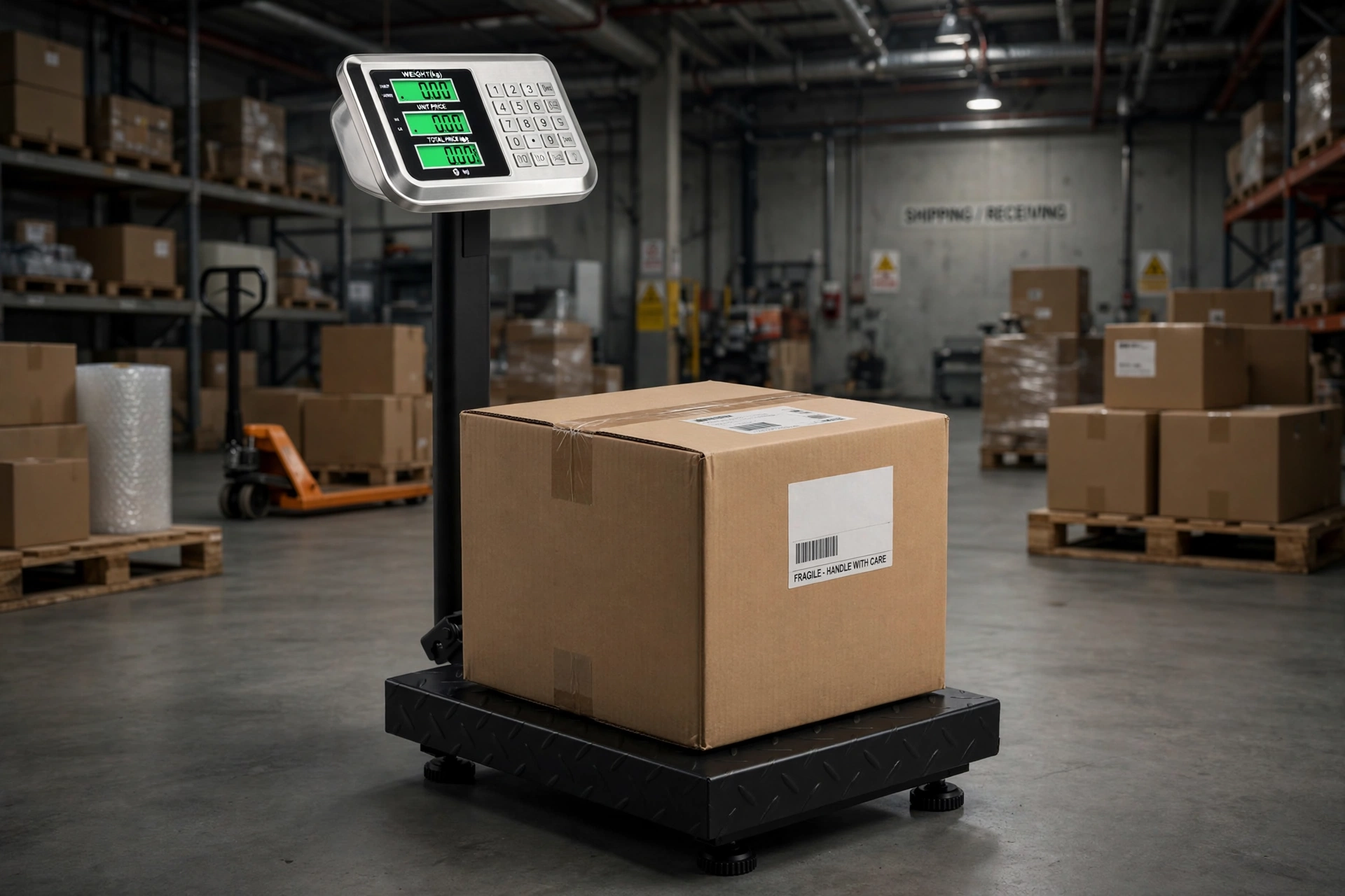 Electronic Industrial Commercial Platform Scale,Stainless Steel High-Definition LCD Display, Digital Floor Heavy Duty, Luggage Package Price Computing Postal Shipping Mailing 11 A large cardboard shipping box resting on a sturdy black commercial platform scale inside a large industrial warehouse