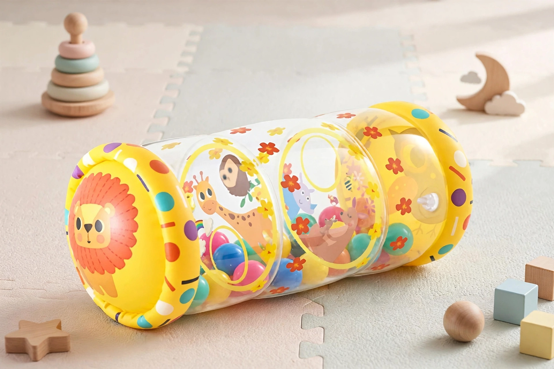 Crawling Toys for Children, No Air Pump Included. Specifically Designed for Children to Use While Lying on the Floor or Crawling 10 Clear inflatable Crawling Toys for Children with animal prints and colorful balls inside resting on a soft playmat