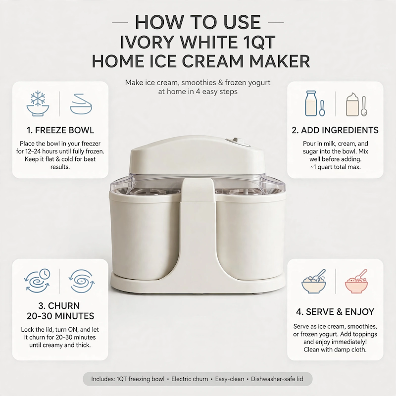 Home Ice Cream, Detachable Design for Easy Cleaning, Perfect for Making Homemade Ice Cream, Smoothies And Frozen Yogurt, 1QT, Party, Summer Essentials, Halloween And Christmas Gifts Suitable for Giving 14 Step-by-step infographic showing how to use the ivory white Home Ice Cream appliance, featuring freezing, adding ingredients, churning, and serving steps.