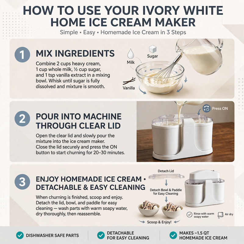 Home Ice Cream, Detachable Design for Easy Cleaning, Perfect for Making Homemade Ice Cream, Smoothies And Frozen Yogurt, 1QT, Party, Summer Essentials, Halloween And Christmas Gifts Suitable for Giving 13 Instructional tutorial graphic demonstrating the 3-step recipe and operational process for the ivory white Home Ice Cream system.