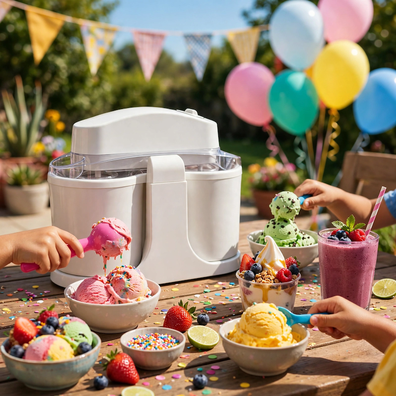 Home Ice Cream, Detachable Design for Easy Cleaning, Perfect for Making Homemade Ice Cream, Smoothies And Frozen Yogurt, 1QT, Party, Summer Essentials, Halloween And Christmas Gifts Suitable for Giving 5 Festive outdoor summer party table setup featuring the ivory white Home Ice Cream maker, colorful balloons, and bowls of vibrant ice cream and toppings.