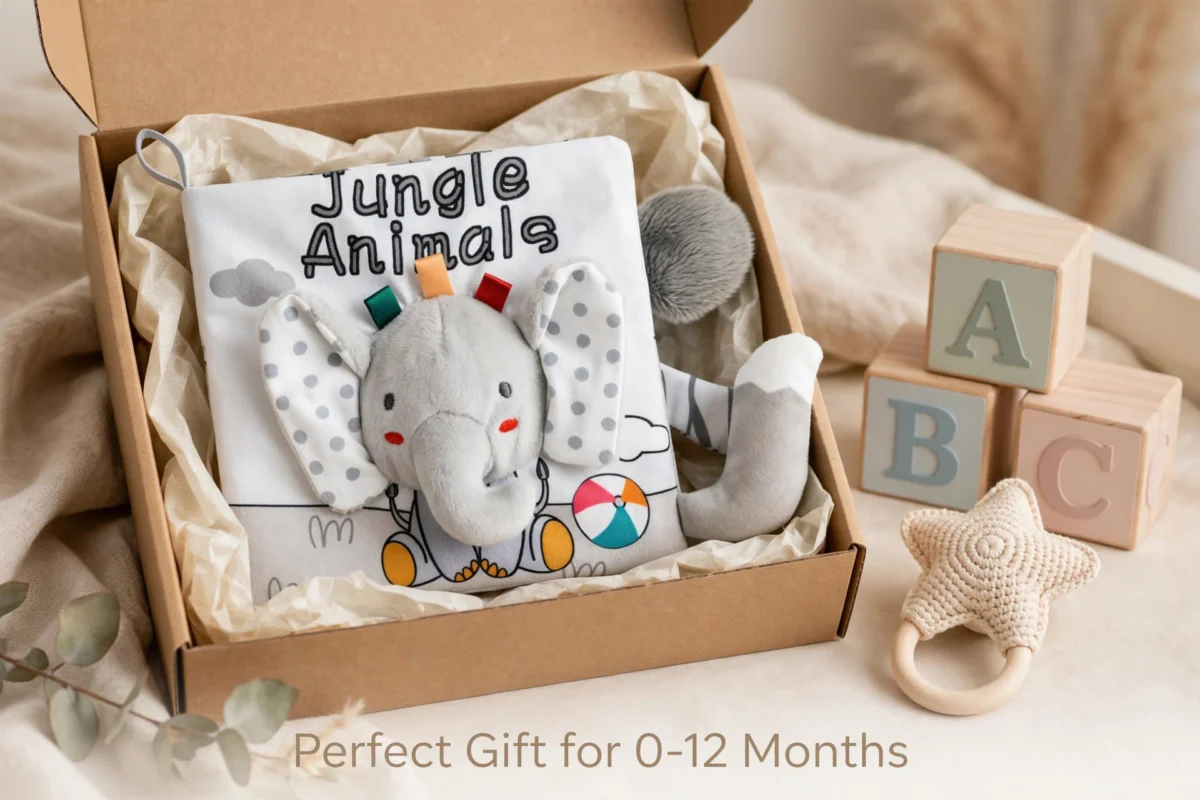 Cloth Books 3D Touch Feel High Contrast Cloth Book, Baby Books Toys for Baby 0-12 Months, Soft Baby Books Touch and Feel Crinkle for Infants Toddler Gifts Toy(Elephant) 4 Beautiful gift box presentation containing Cloth Books 3D Touch.