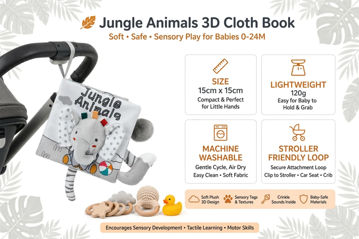 Cloth Books 3D Touch Feel High Contrast Cloth Book, Baby Books Toys for Baby 0-12 Months, Soft Baby Books Touch and Feel Crinkle for Infants Toddler Gifts Toy(Elephant) 3 Product features infographic highlighting portability of Cloth Books 3D Touch.