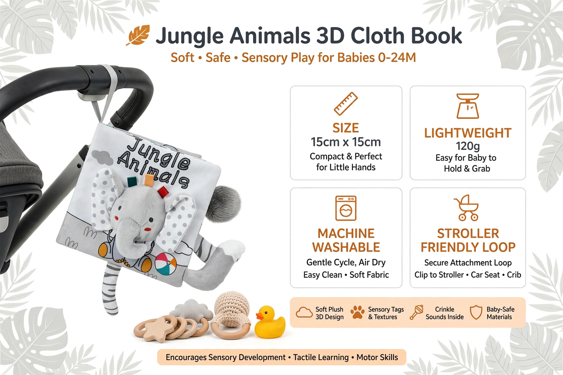 Cloth Books 3D Touch Feel High Contrast Cloth Book, Baby Books Toys for Baby 0-12 Months, Soft Baby Books Touch and Feel Crinkle for Infants Toddler Gifts Toy(Elephant) 9 Product features infographic highlighting portability of Cloth Books 3D Touch.