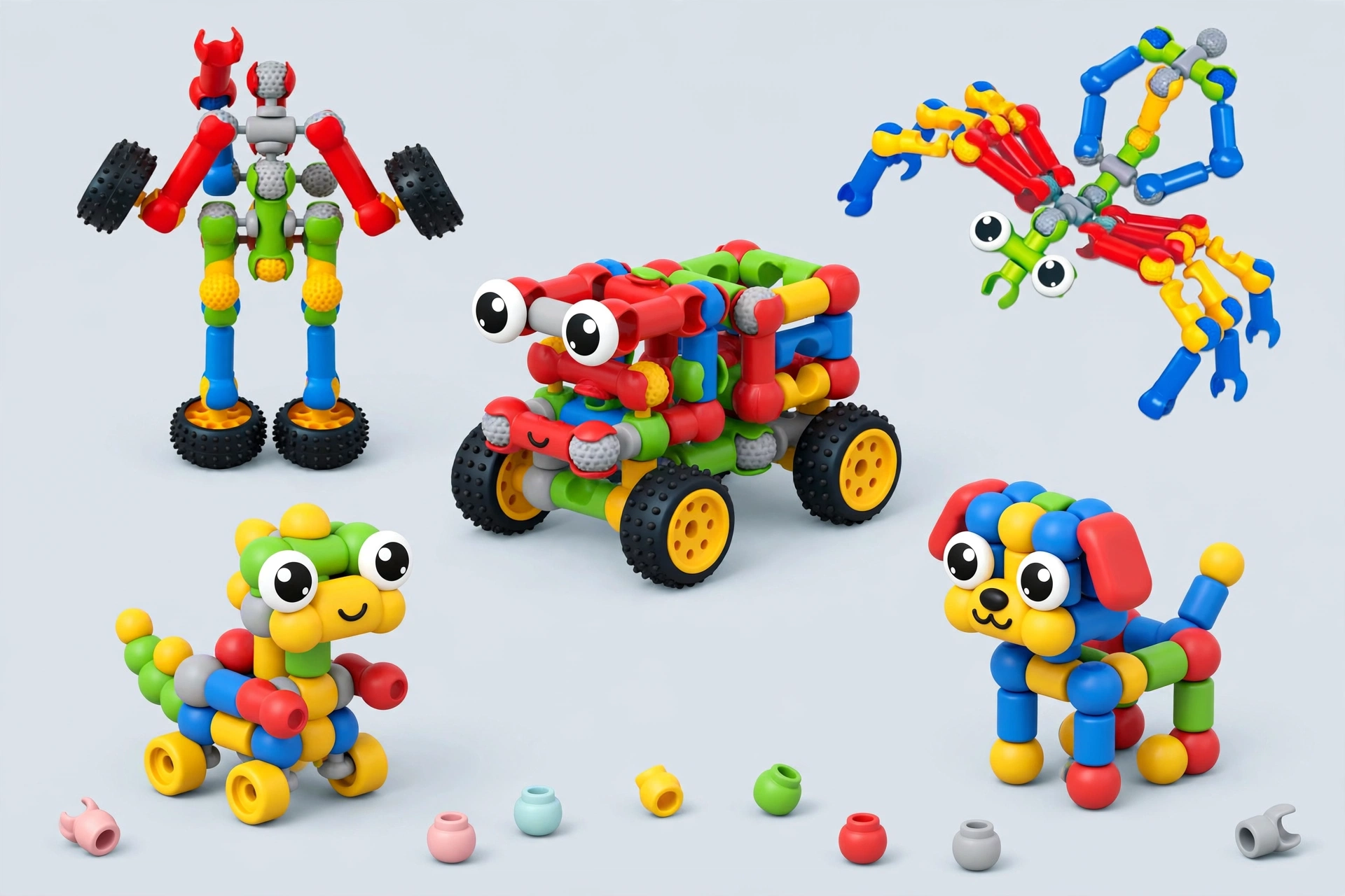 Building Toys 83 Piece STEM Toys for Kids Boys and Girls Christmas Birthday Gifts Children Building Blocks Creative and Educational Kids Toys Projects 4 Cute animal and robot figures with big googly eyes built from a Building Toys 83 Piece collection.