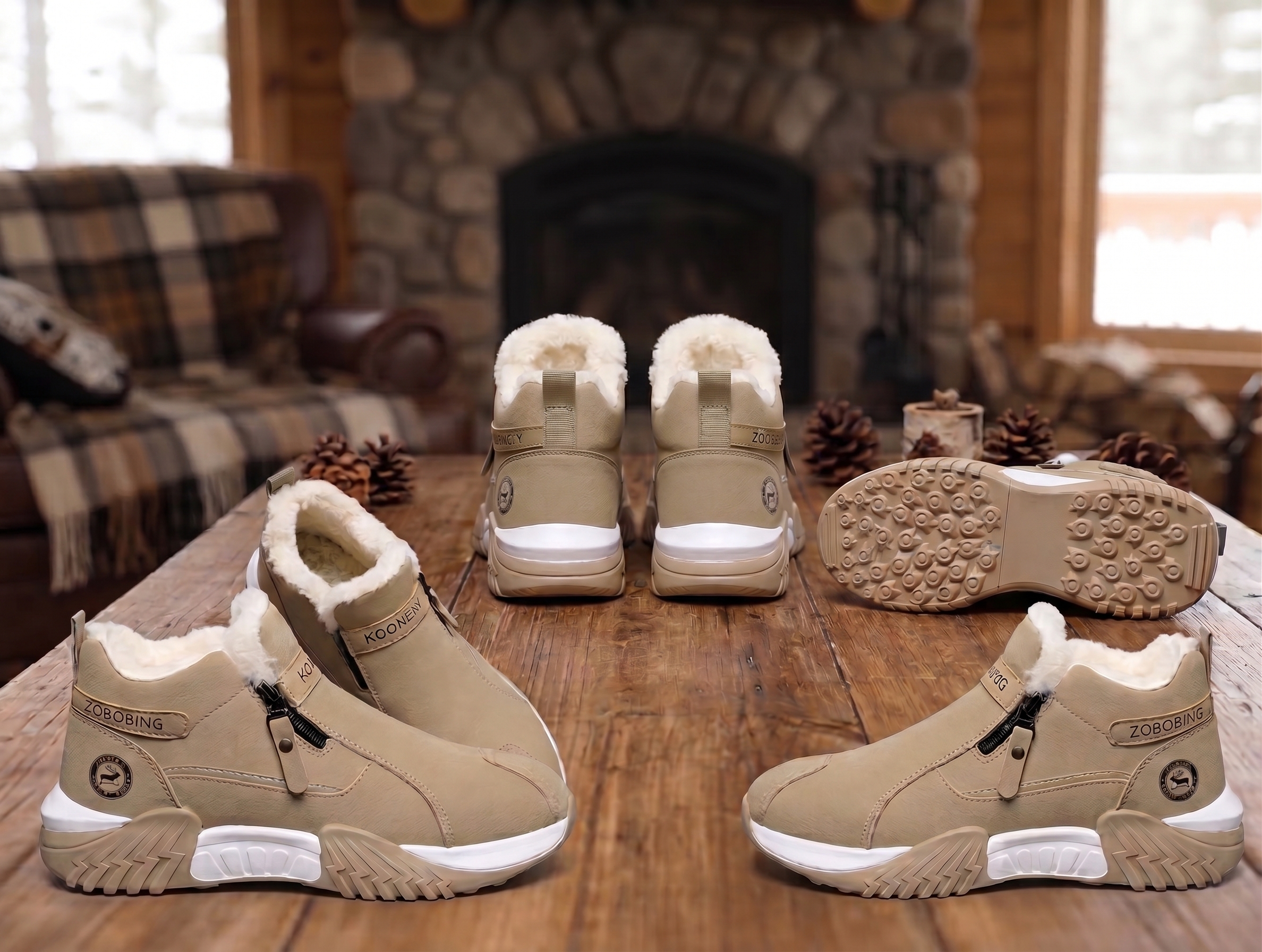 Winter Men'S Thermal Insulated Fleece-Lined Snow Boots - Comfortable, Breathable, And Stylish Hiking Shoes, Short Men'S Boots Suitable for Hiking, Hunting, Work Commuting, And Casual Wear, Winter Boots, Outdoor Footwear - Available in Black/Gray/Kha 18 A warm and curated winter lodge lifestyle scene on a rustic wooden table with multiple pairs of khaki color Insulated Fleece-Lined Snow Boots in various orientations, including side profile and rear views. The blurred background features a cozy fireplace, leather armchair with plaid blankets, and natural pinecones, suggesting comfort and style.