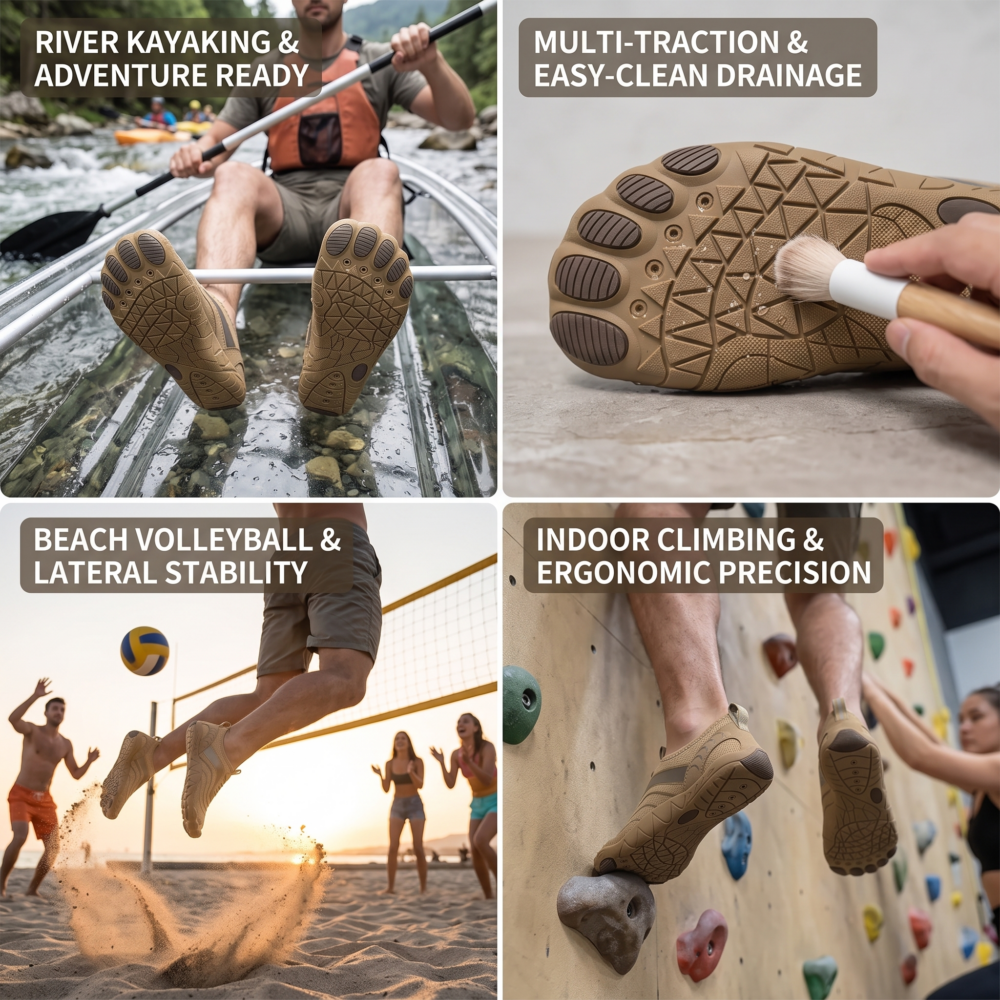 Unisex Quick-Dry Water Shoes, Comfortable and Breathable, Suitable for Fishing, Surfing, Hiking, Wading, Beach Play, and Fitness Squats 16 A four-panel outdoor activity collage featuring khaki color Unisex Quick-Dry Water Shoes, including sections for river kayaking, easy-clean drainage maintenance, beach volleyball, and indoor climbing wall precision.