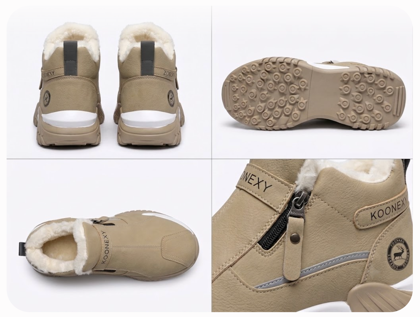 Winter Men'S Thermal Insulated Fleece-Lined Snow Boots - Comfortable, Breathable, And Stylish Hiking Shoes, Short Men'S Boots Suitable for Hiking, Hunting, Work Commuting, And Casual Wear, Winter Boots, Outdoor Footwear - Available in Black/Gray/Kha 11 A convenience grid presentation of a convenient grid presenting multiple perspectives on a pair of khaki color Insulated Fleece-Lined Snow Boots. The views include a direct rear perspective of both boots, a top-down overview, a detailed look at the outsole traction pattern, and a side profile macro close-up of the heel area with the Koonexy logo and fleece cuff.