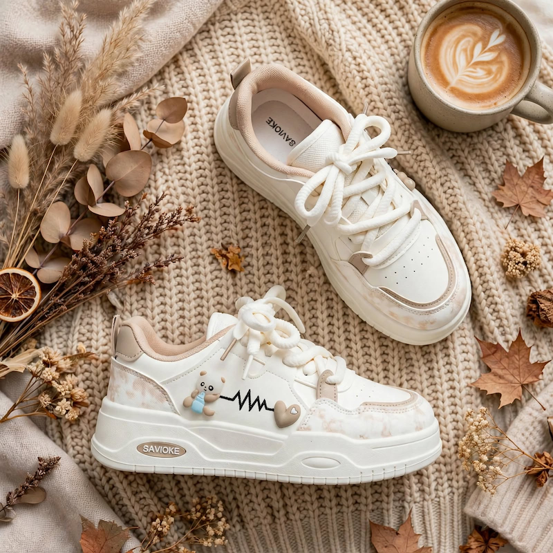 Women's White Platform Sneakers - Chunky Platform Shoes with Upper & PVC Sole, Lace-Up Mid-Top Casual Athletic Wear Suitable for Spring/Autumn, - Comfortable Footwear, Women Shoes 18 Coarse knit flatlay arrangement featuring khaki color Women's White Platform Sneakers, dry foliage, and a ceramic mug of latte.