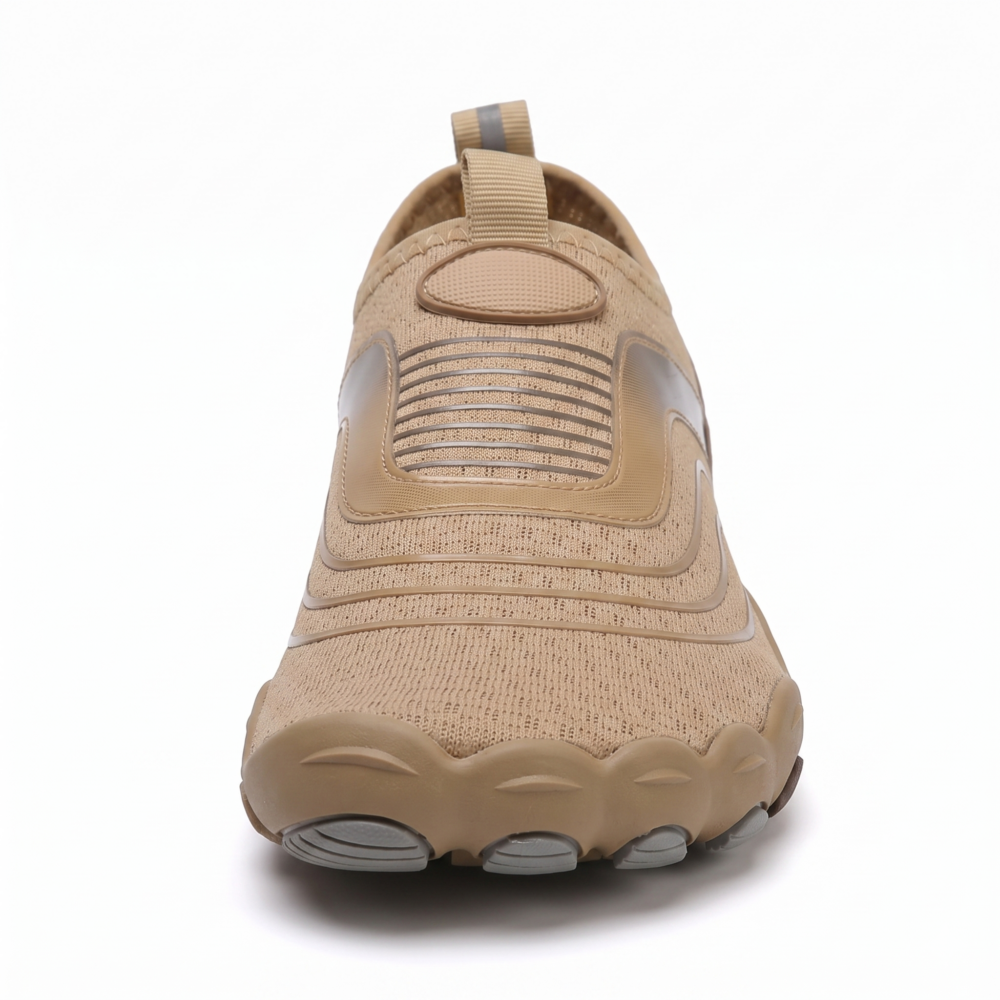 Unisex Quick-Dry Water Shoes, Comfortable and Breathable, Suitable for Fishing, Surfing, Hiking, Wading, Beach Play, and Fitness Squats 17 Symmetrical straight-on front perspective of a single khaki color Unisex Quick-Dry Water Shoes on a solid white background, detailing the rounded toe cap and streamlined slip-on entry.