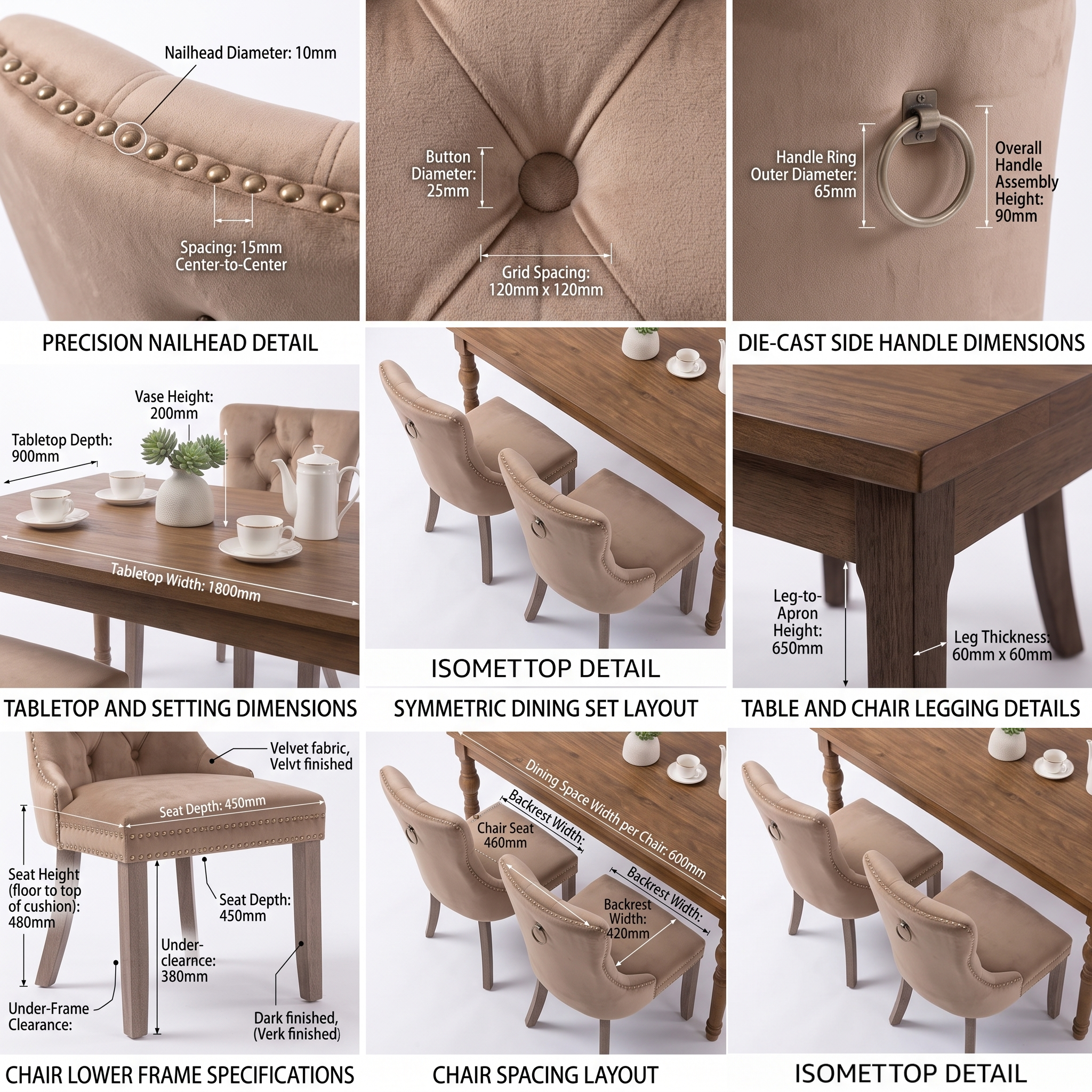 Set of 4 Upholstered Dining Chairs, Velvet Chairs with Button Tufting And Sturdy Wooden Legs, Contemporary Fabric Side Chairs for Dining Areas, Kitchens, Restaurants, And Hotels 16 A detailed multi panel layout infographic showcasing measurements and dimensions for the kahaki color Set of 4 Upholstered Dining Chairs and matching table.