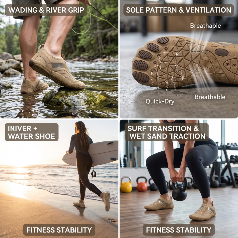 Unisex Quick-Dry Water Shoes, Comfortable and Breathable, Suitable for Fishing, Surfing, Hiking, Wading, Beach Play, and Fitness Squats 18 A four-panel composite image highlighting khaki color Unisex Quick-Dry Water Shoes during shallow river fly fishing, an abstract breathable airflow graphic, a surfer walking along a beach at sunset, and a woman performing kettlebell squats in a gym.