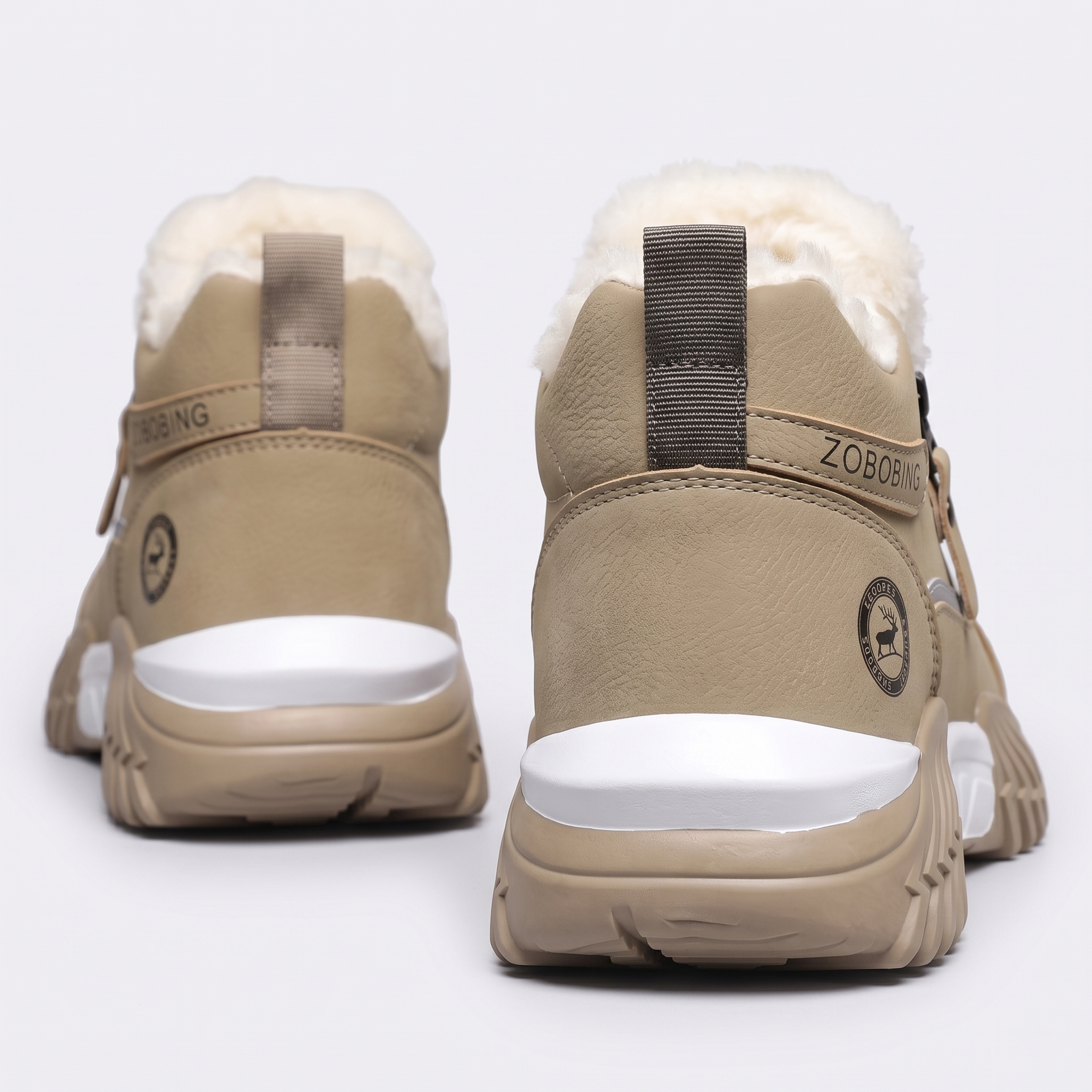 Winter Men'S Thermal Insulated Fleece-Lined Snow Boots - Comfortable, Breathable, And Stylish Hiking Shoes, Short Men'S Boots Suitable for Hiking, Hunting, Work Commuting, And Casual Wear, Winter Boots, Outdoor Footwear - Available in Black/Gray/Kha 14 A direct, symmetrical, centered, rear-on visual perspective of a pair of khaki color Insulated Fleece-Lined Snow Boots on a clean white background. It highlights the matched heel construction, the dark pull-tab loops, the extend fleece collar, and the visible 'ZOBOBING' debossed text on the central strip.