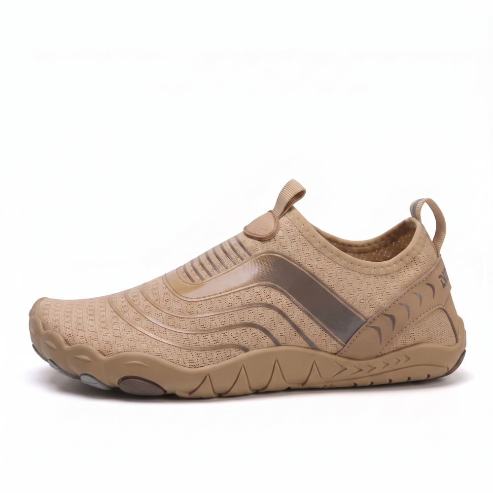 Unisex Quick-Dry Water Shoes, Comfortable and Breathable, Suitable for Fishing, Surfing, Hiking, Wading, Beach Play, and Fitness Squats 19 A side profile studio photograph of a single khaki color Unisex Quick-Dry Water Shoes showcasing the elasticated collar, integrated heel pull tab, and grooved athletic midsole against a pure white background.